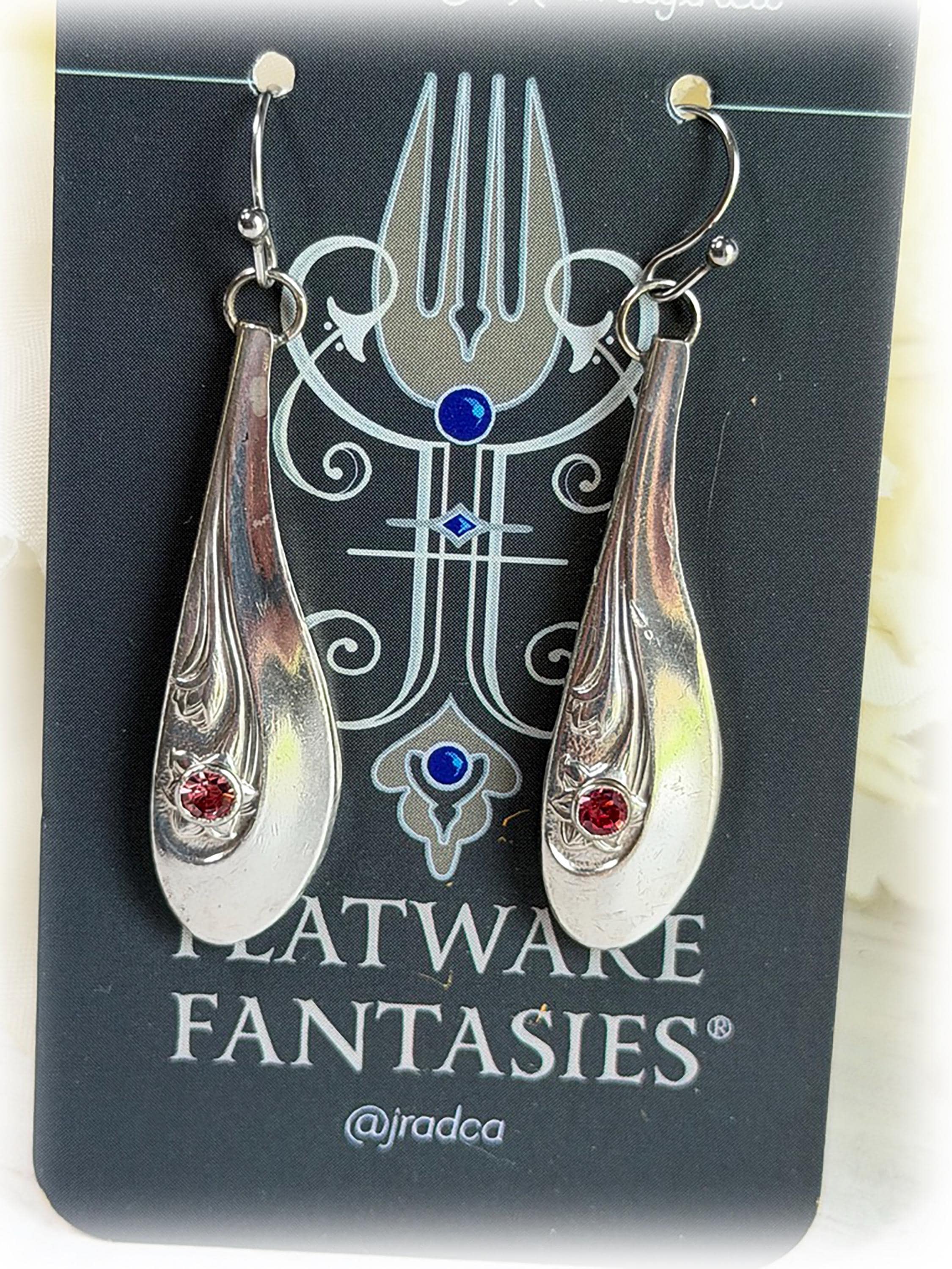 Vintage Silver Plate Spoon Earrings, Romance Pattern 1952 October Birthstone or Choose Color