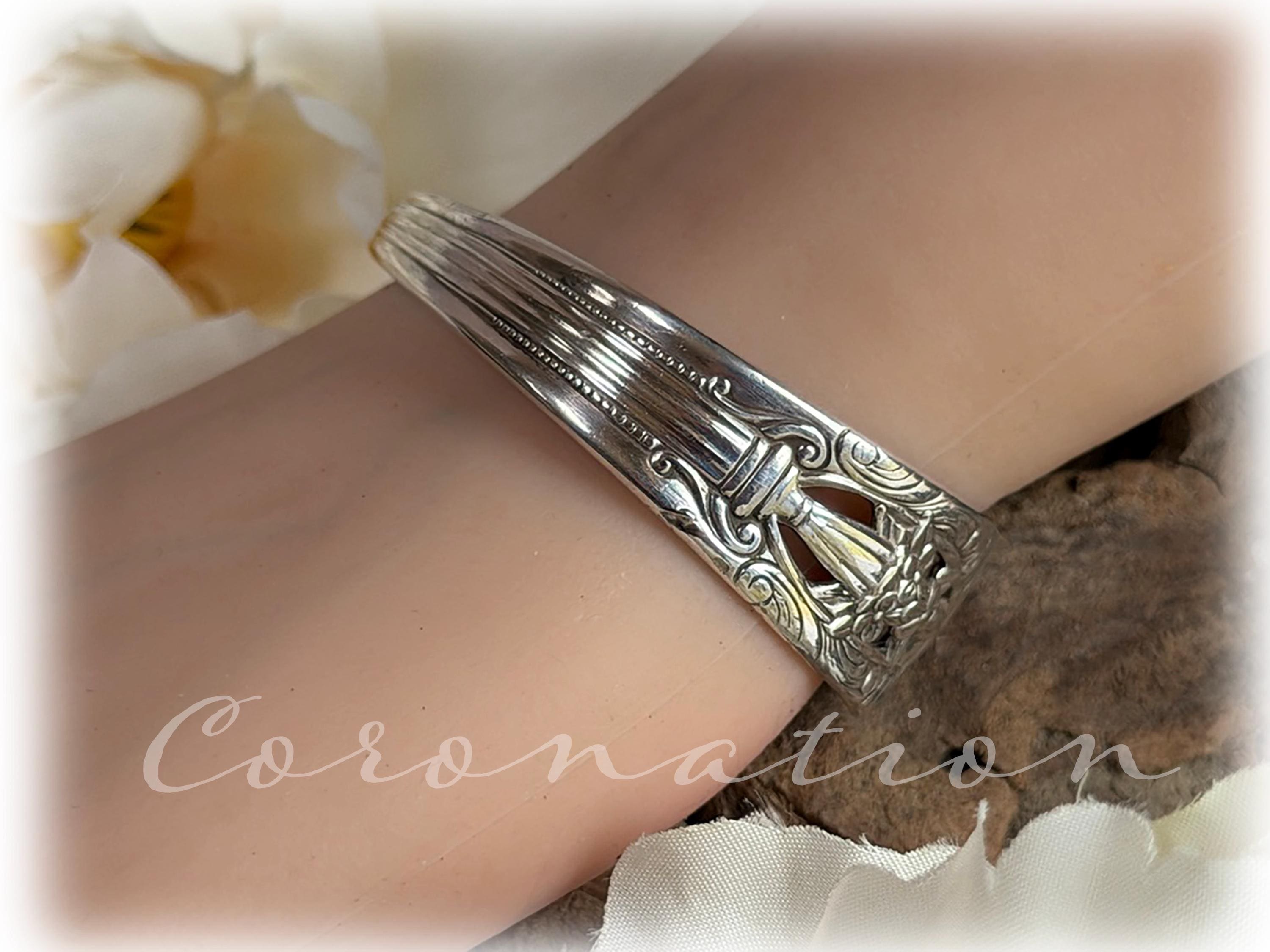 1936 Coronation Spoon Cuff Bracelet, Silverplate Flatware Jewelry, Pierced Classical Design