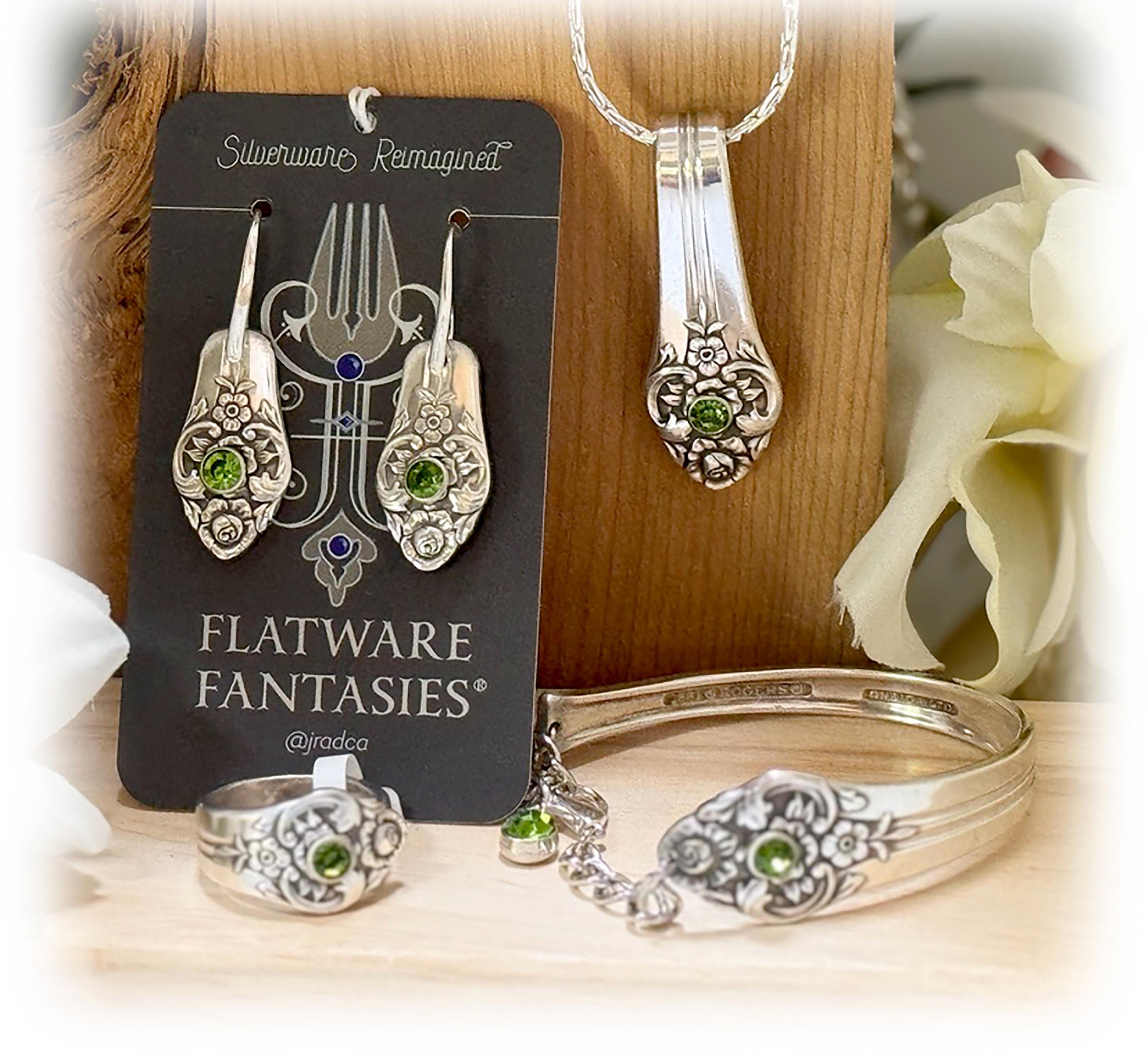 Peridot Crystal Silverplate Jewelry, Rogers PLANTATION Pattern, Upcycled August Birthstone