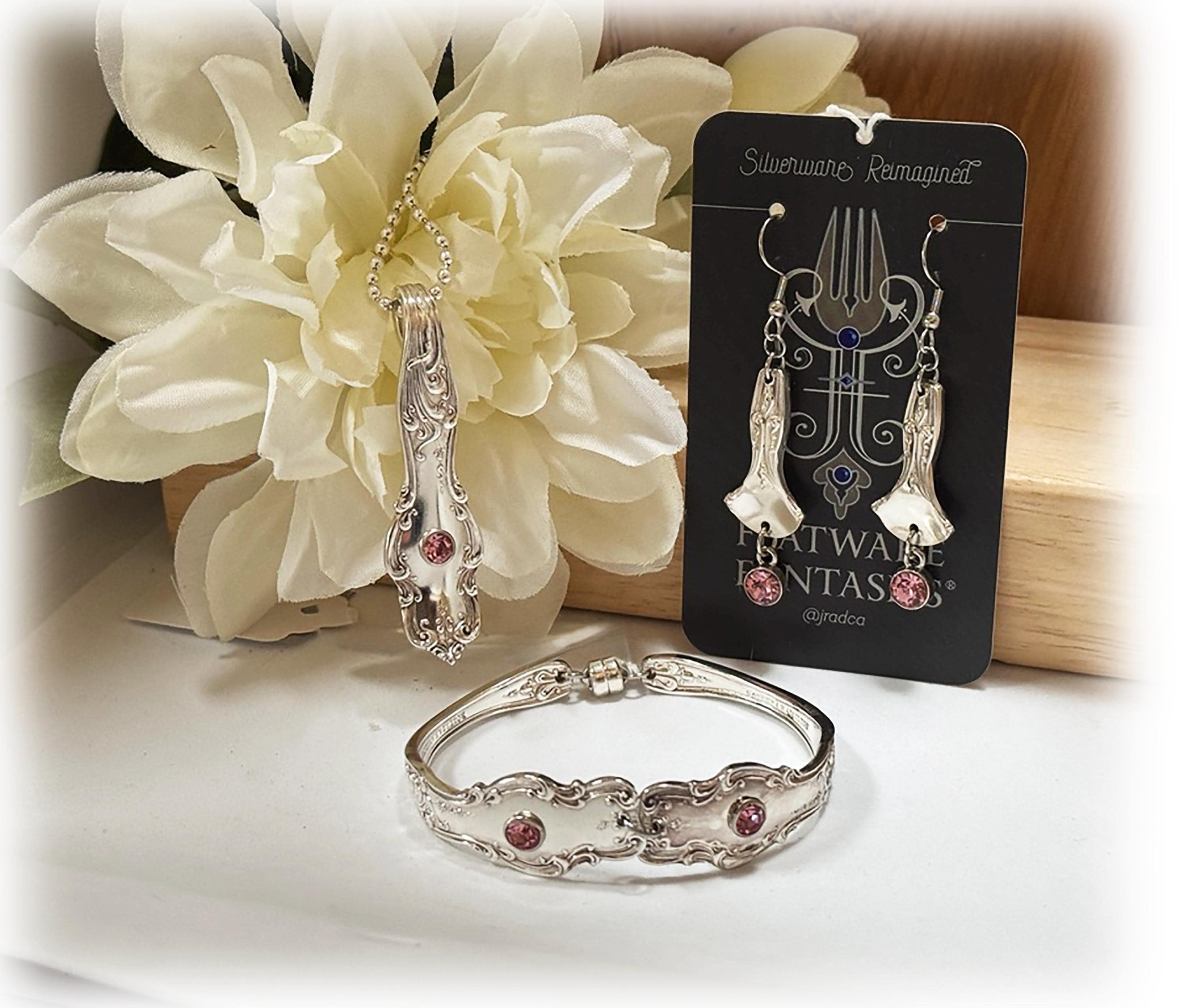Upcycled Silverplate Jewelry Set, Rose Pink Crystal, 1904 Art Nouveau Spoon
