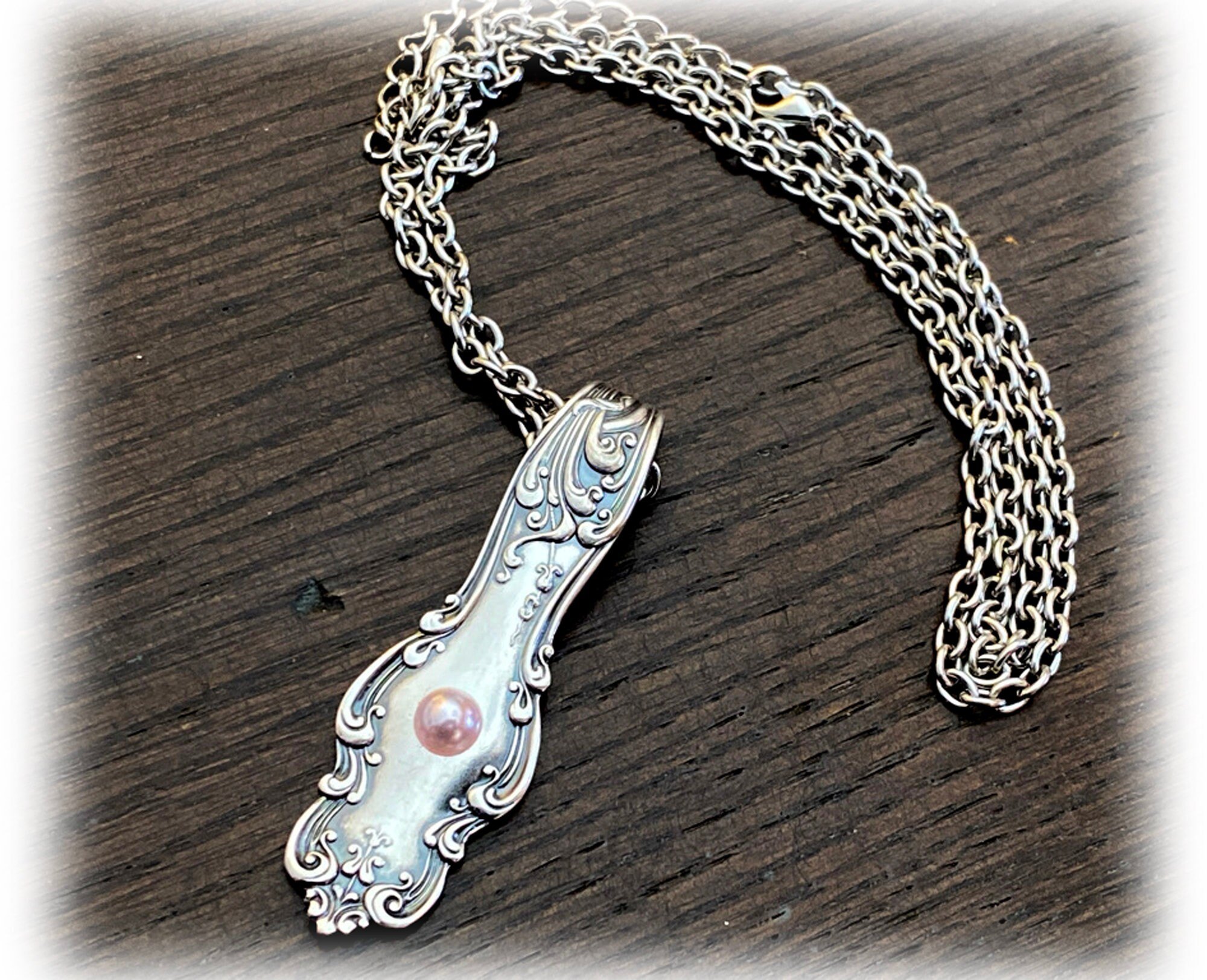Antique Tudor Pendant with Pink Pearl, Art Nouveau 1904 , Upcycled Silverplate Pendant