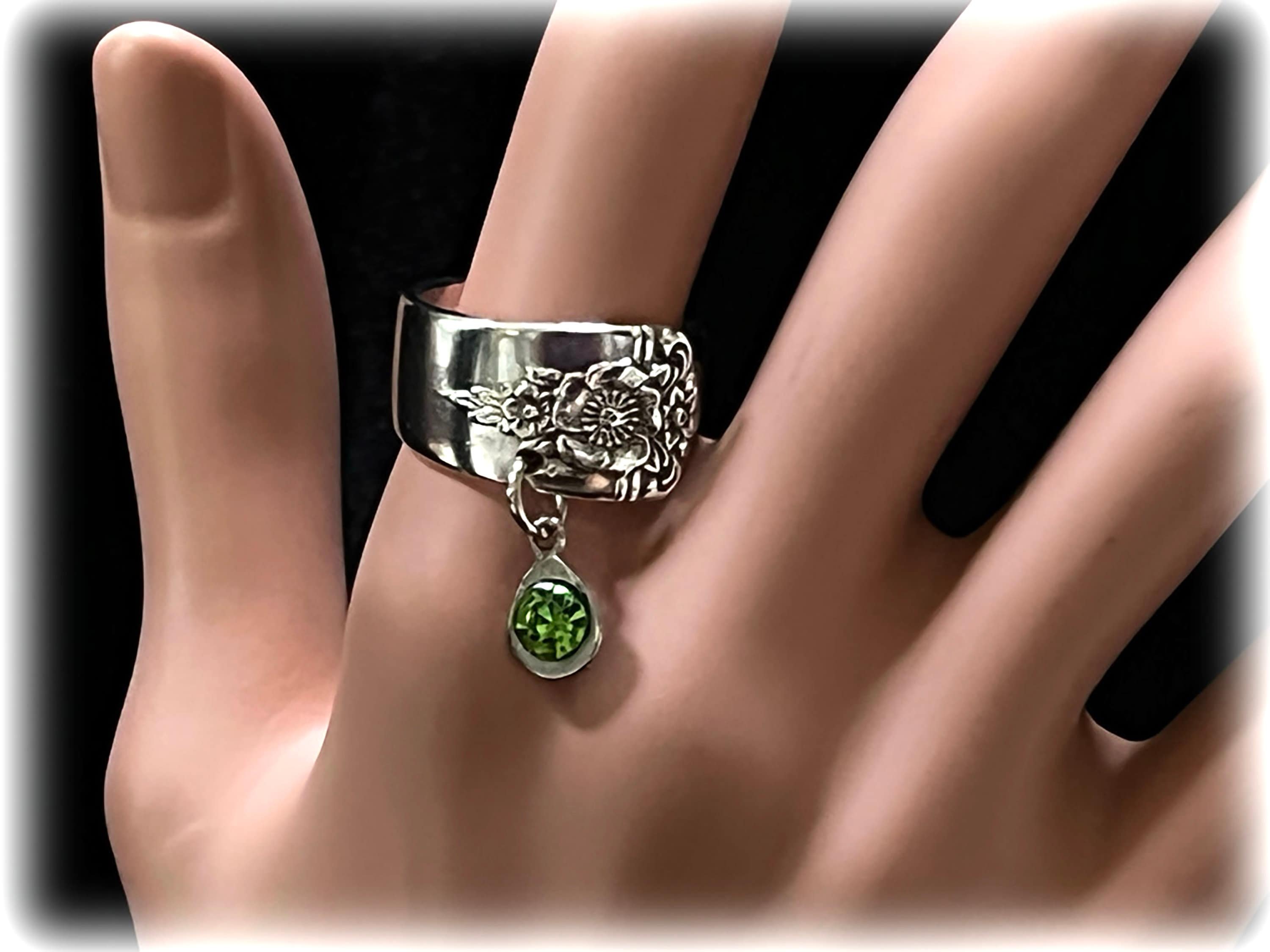 Upcycled Silverplate Spoon Ring: Floral Charm, Peridot Birthstone