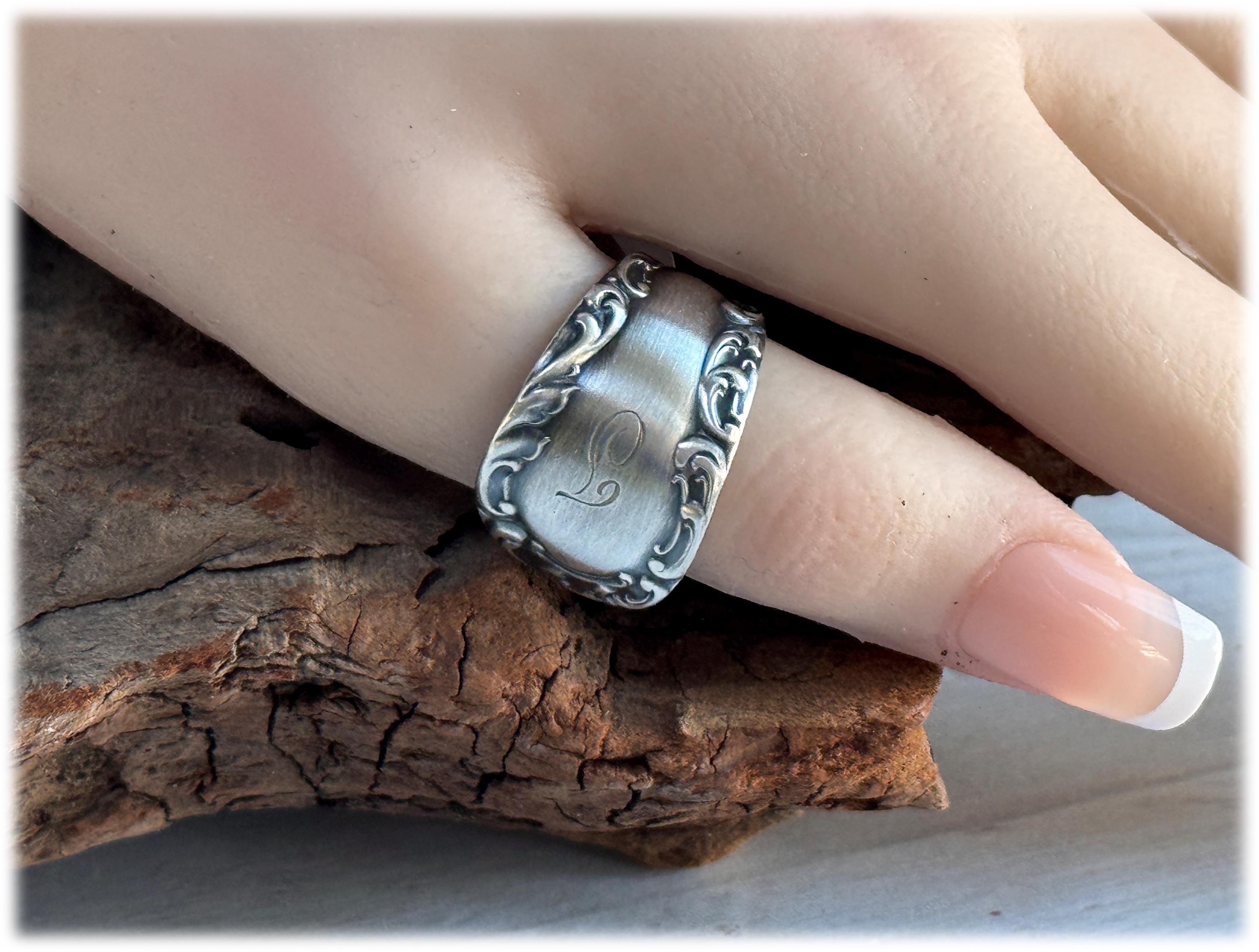 Silverplate Unisex Spoon Ring, Monogram T Size 9.5, 1901 Alton Pattern