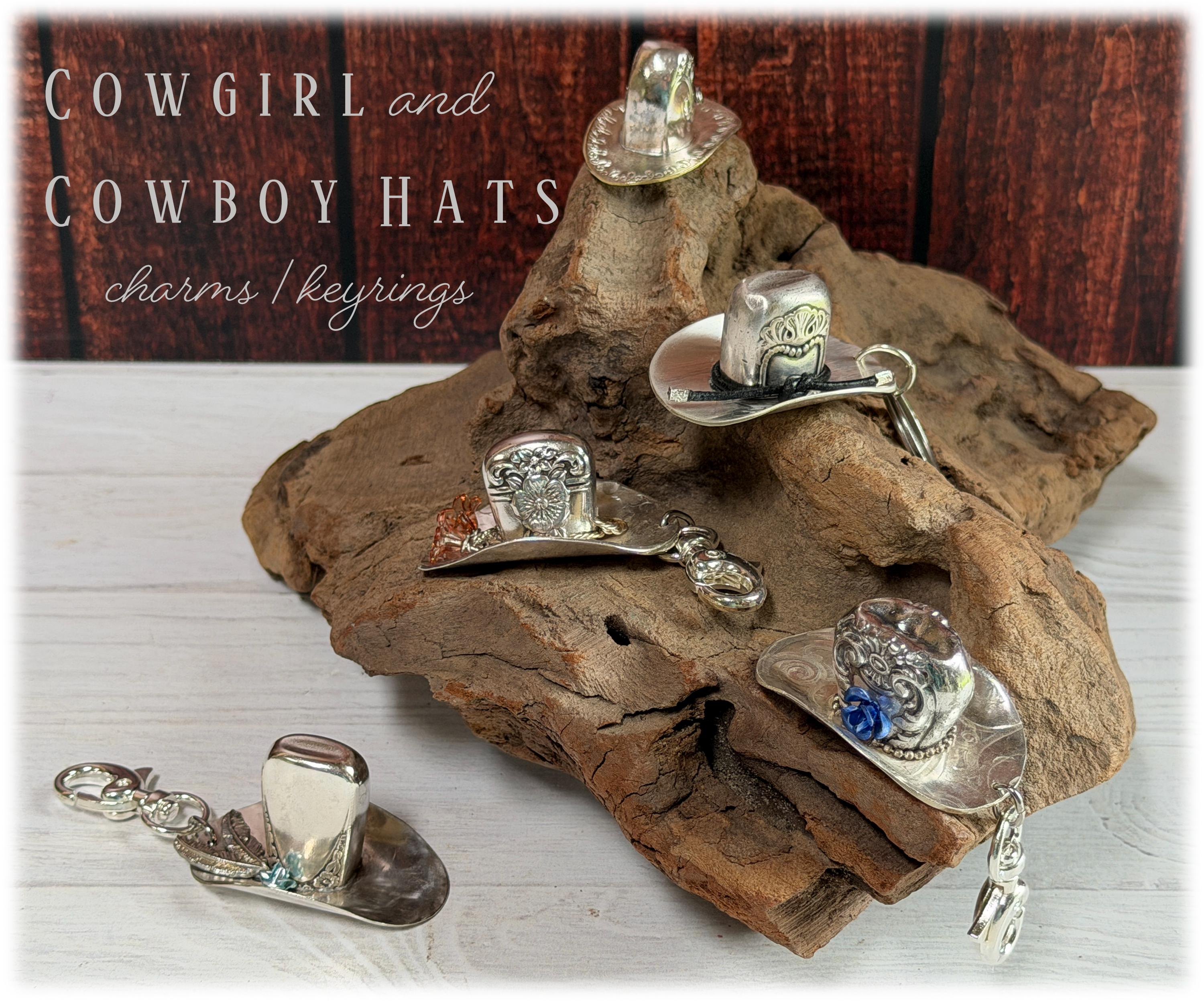 Silver Spoon and Knife Cowboy Cowgirl Hats Charms Keyrings: Choose from 5 Designs