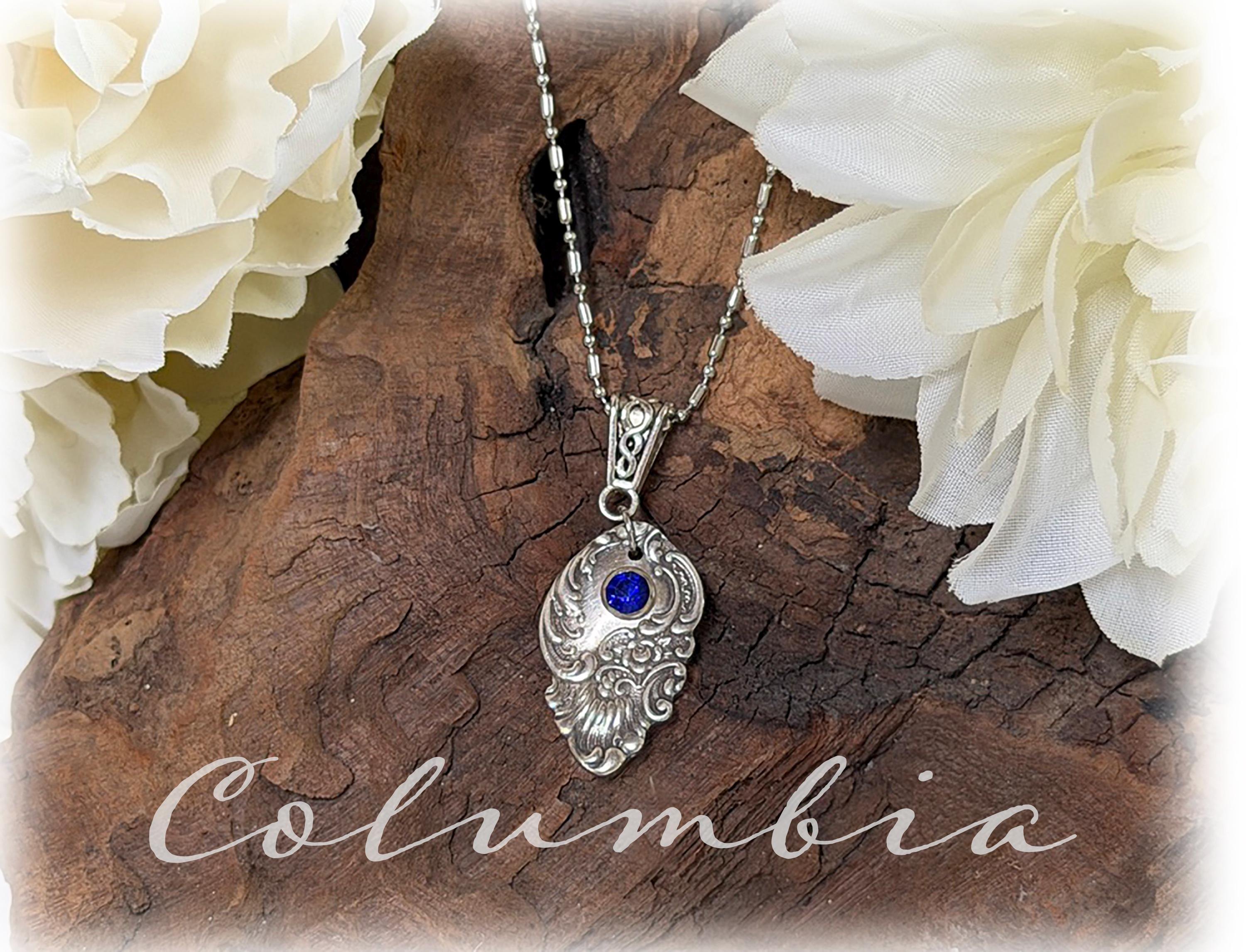 Silverplate Spoon Sapphire Pendant Art Nouveau 1893 Columbia, Scrolls, Waves