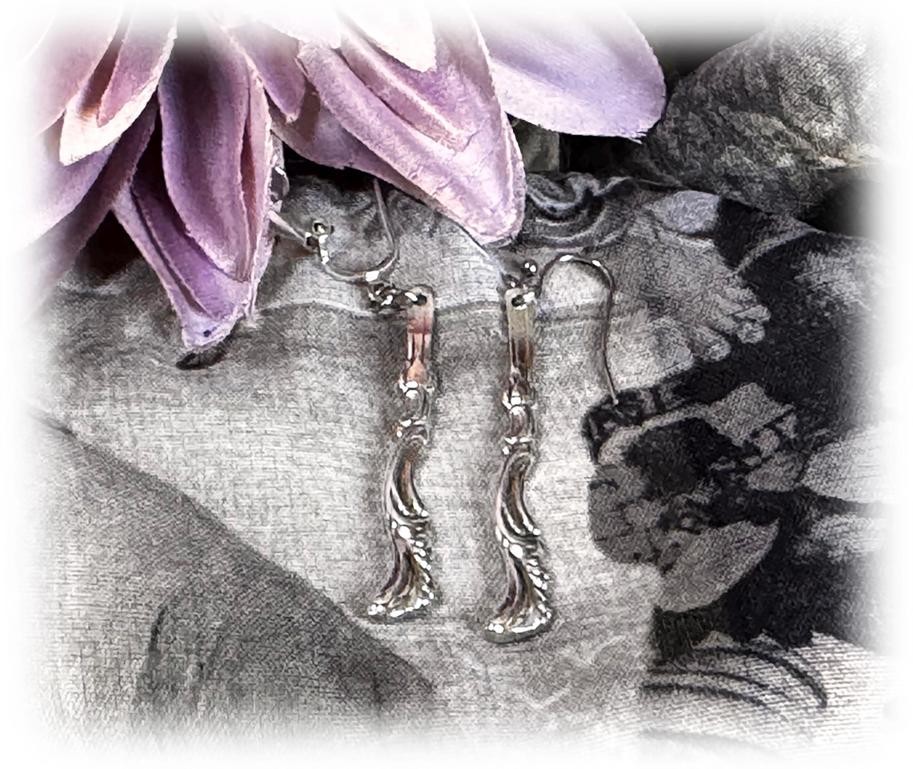 Antique Silver Plate Earrings, Art Nouveau Slender Upcycled Silverplate Spoon Earrings
