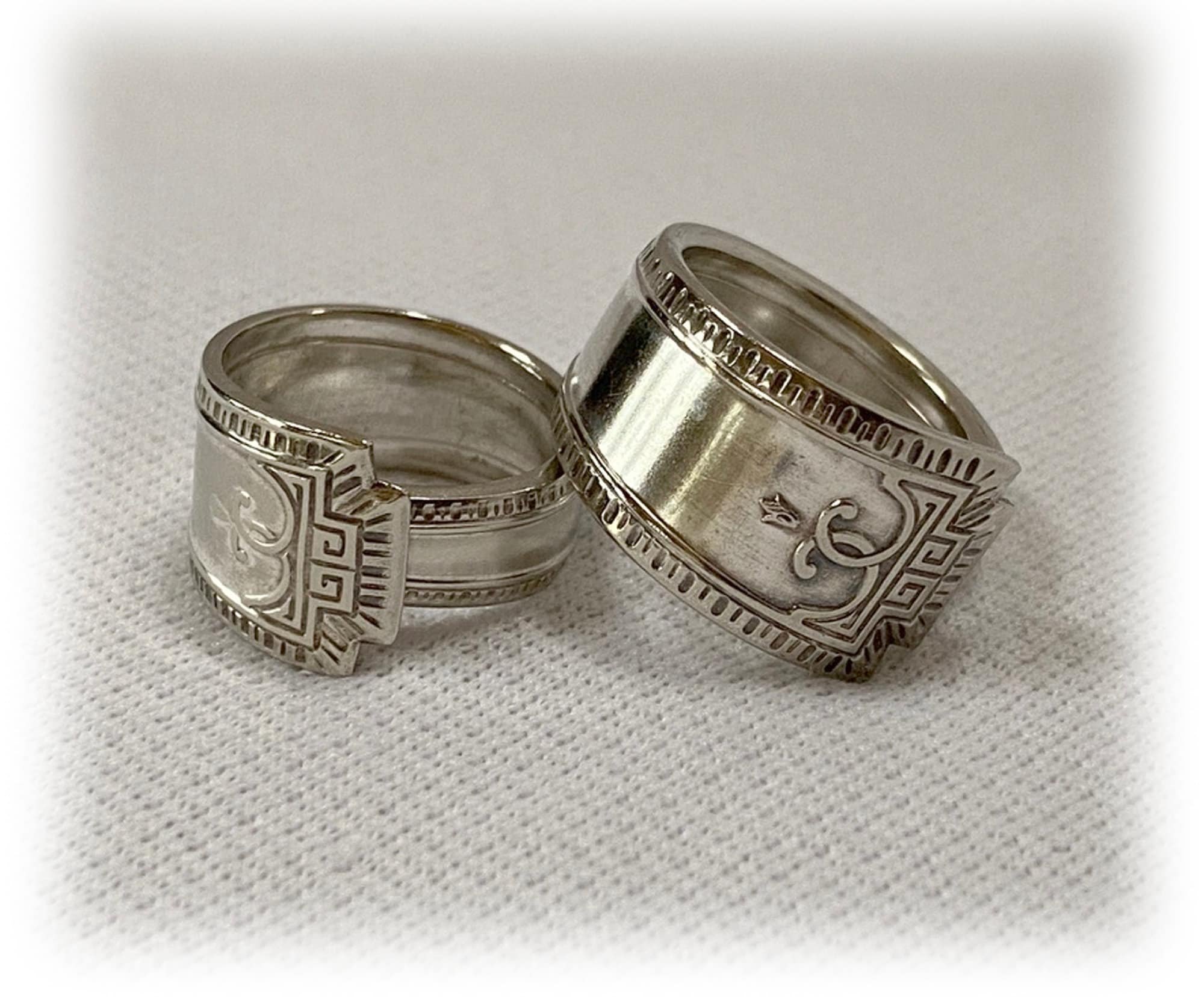 His and Hers Art Deco Spoon Rings, Doric, Greek Key, Geometric, Upcycled Silverplate Spoon Ring, 1930s, Band Ring