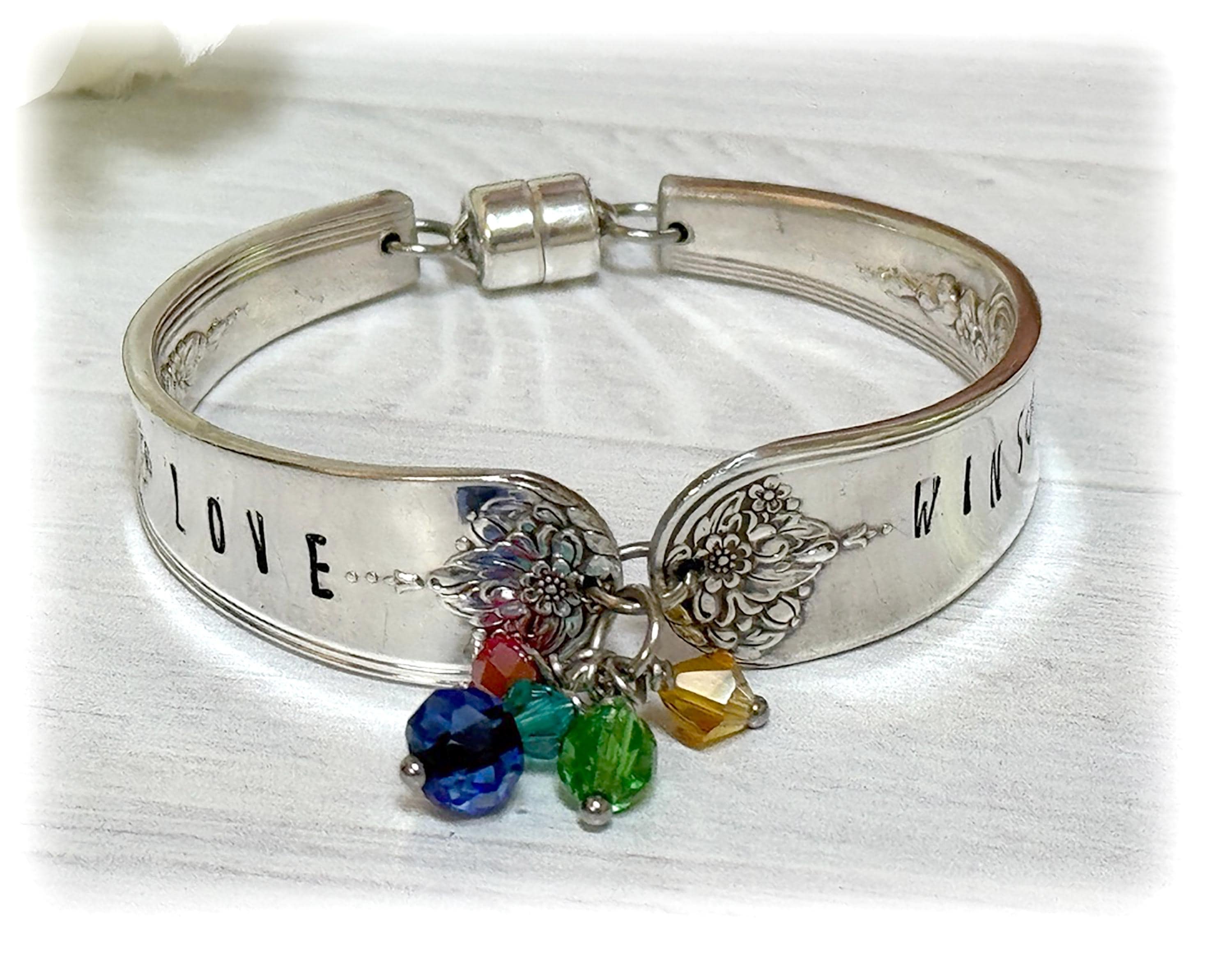 Love Wins Hand Stamped Spoon Bracelet: Rainbow Crystal Beads, Magnetic Closure