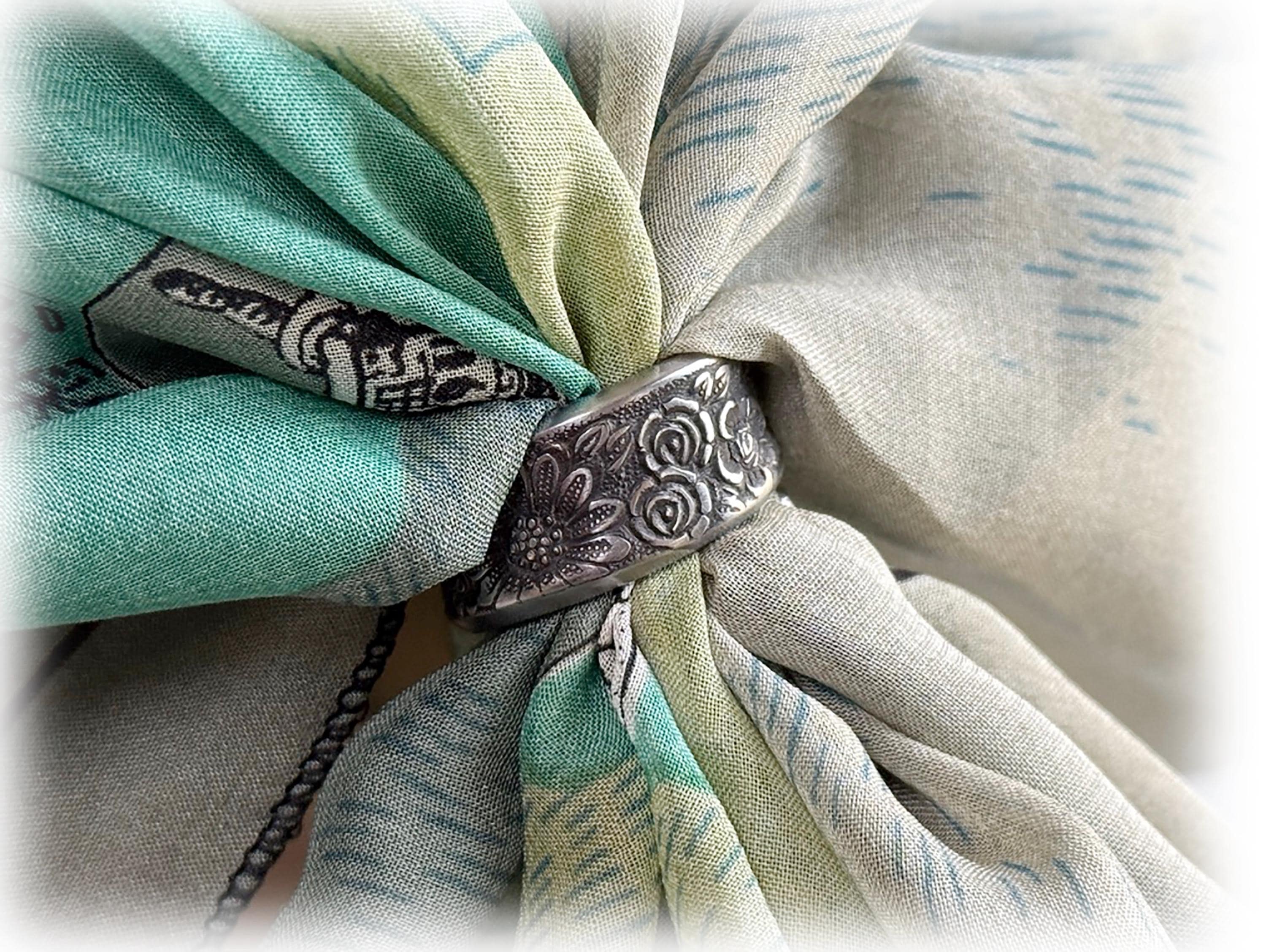 Jardinera Scarf Slide Bandana Ring: Upcycled Stainless Steel Floral Spoon, 2 Styles, MCM
