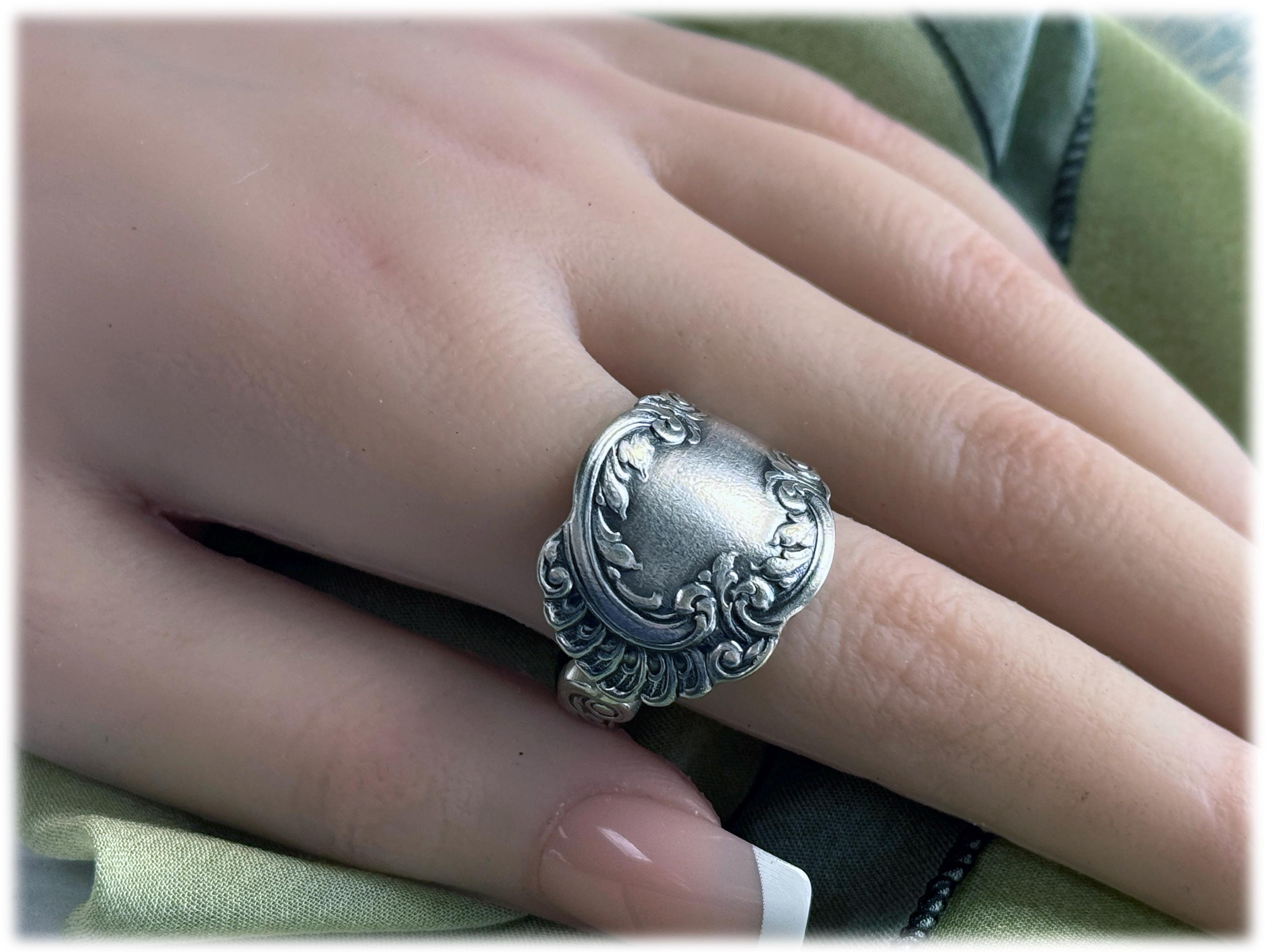 Victorian Silver Spoon Ring Size 10: Baroque Design Scrolls Flowers