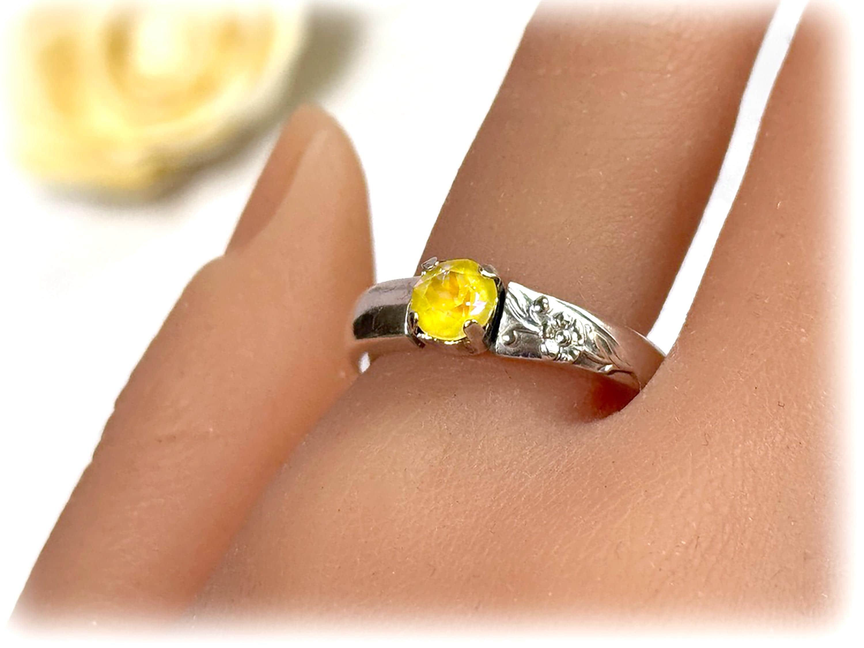 1950 Evening Star Silver Plate Tension Set Spoon Ring, Prong Set Lemon Yellow Citrine Crystal, Flatware Jewelry, Sz 8.5