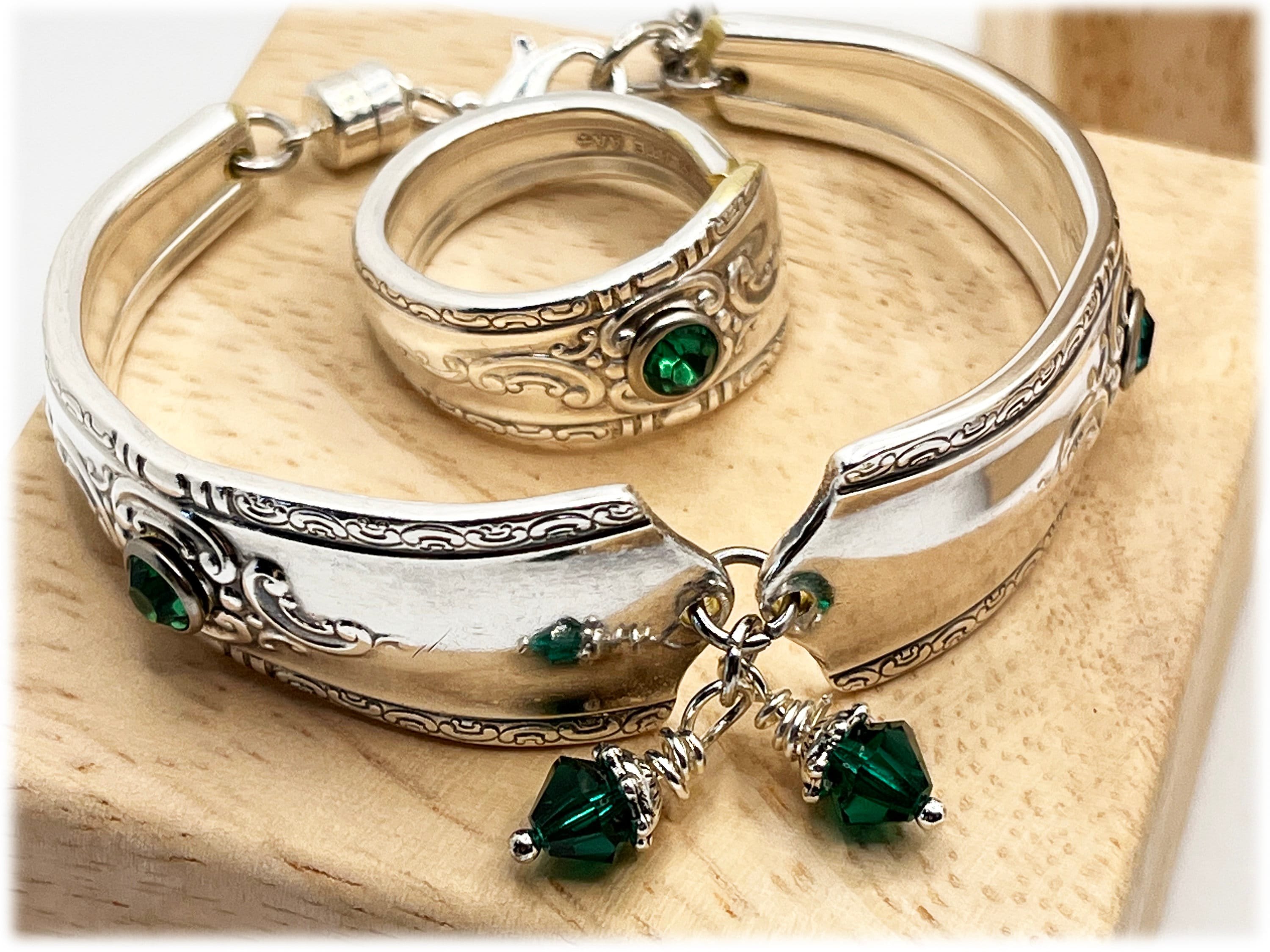 MAY Emerald Crystal Spoon Jewelry MAYTIME Pattern, Scrolls, 1944 Wallace, Ring, Pendant, Bracelet, Earrings, May Birthstone