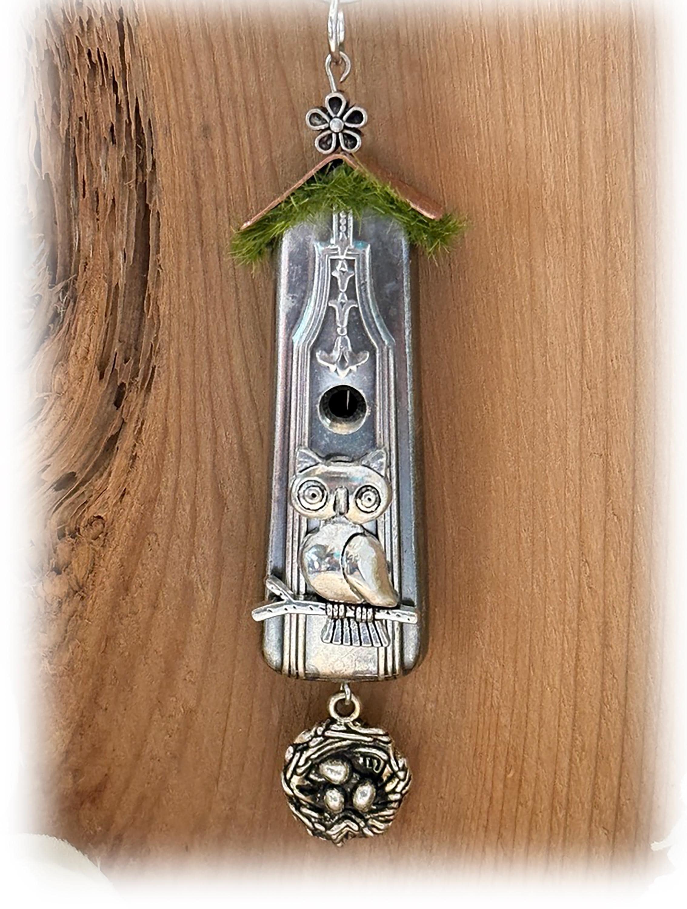 Whimsical Owl House Birdhouse Pendant, Assemblage Silverware Jewelry, Knife Handle Necklace, Ornament