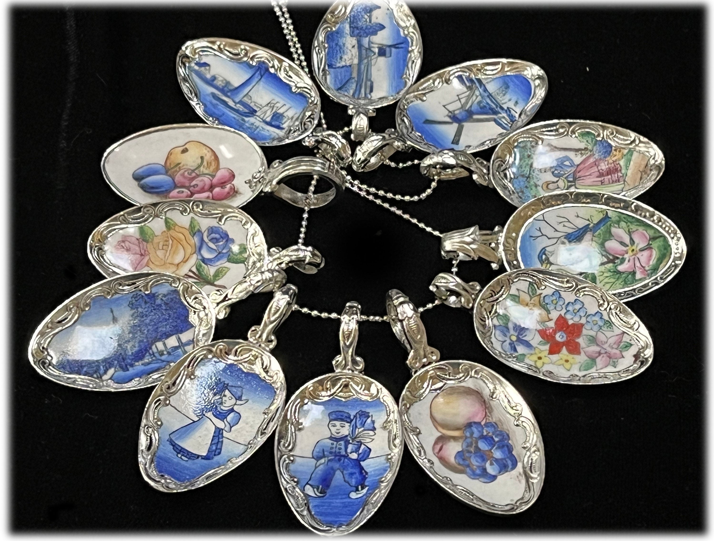 Antique Porcelain Spoon Pendant: Silverplate, Hand-Painted Scenes