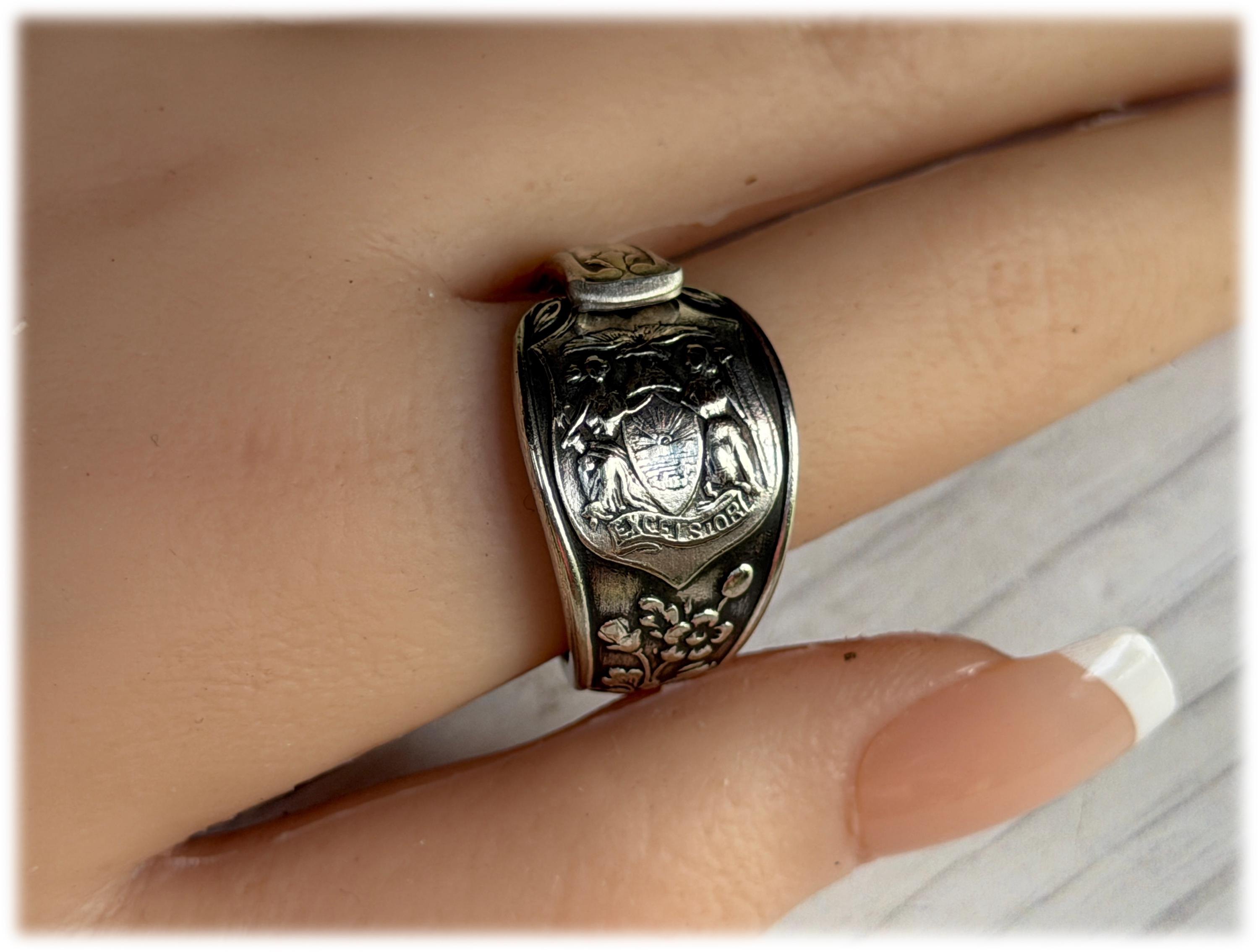Novelty Spoon Ring, New York State Seal Upcycled Silverplate Ring 1930s