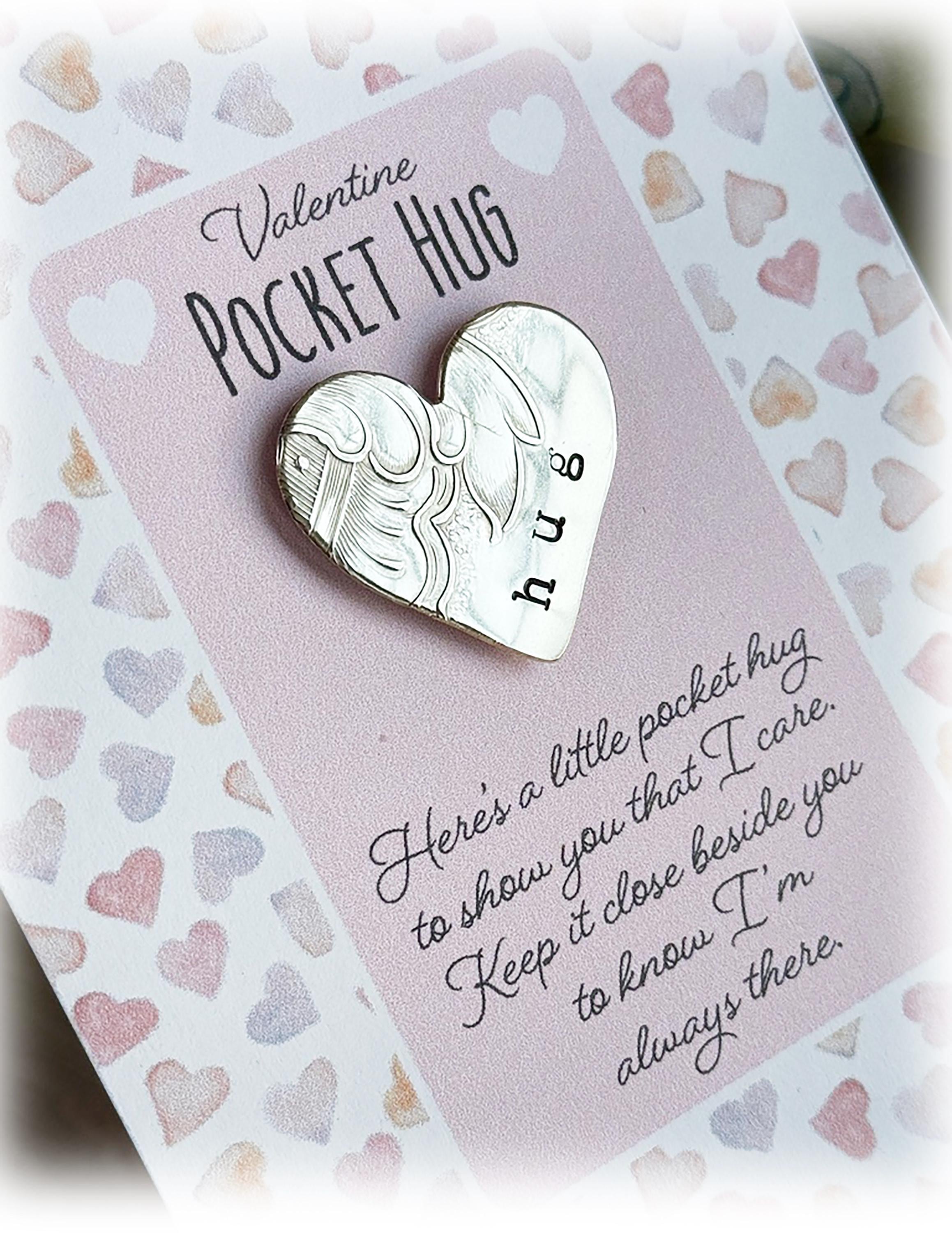 Valentine Pocket Hug Heart Charm: Special Gift Cut from Silver Tray, Stamped