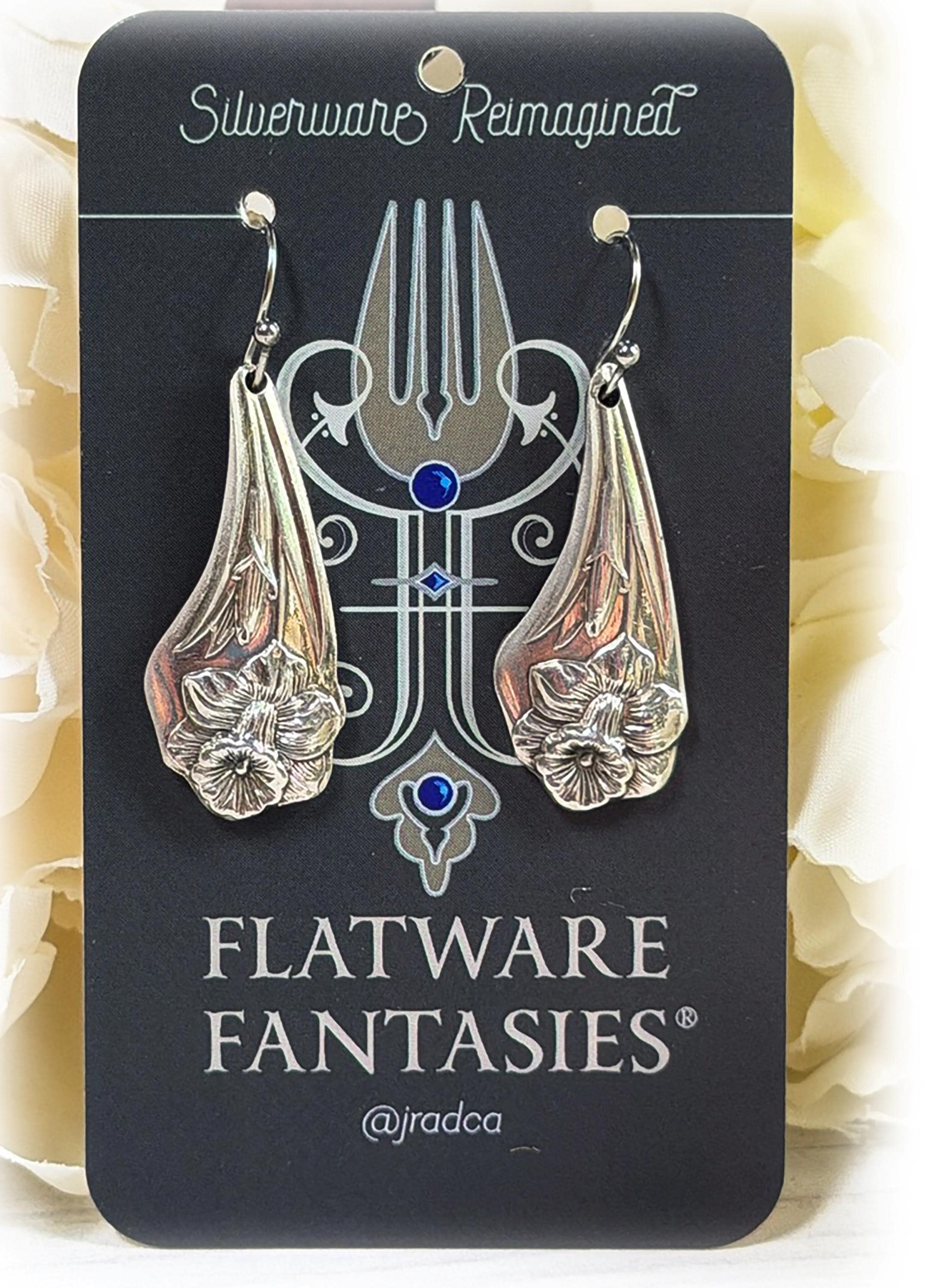 Upcycled Spoon Earrings: Daffodil Silverplate Mid Century 1950 Flower Dangles