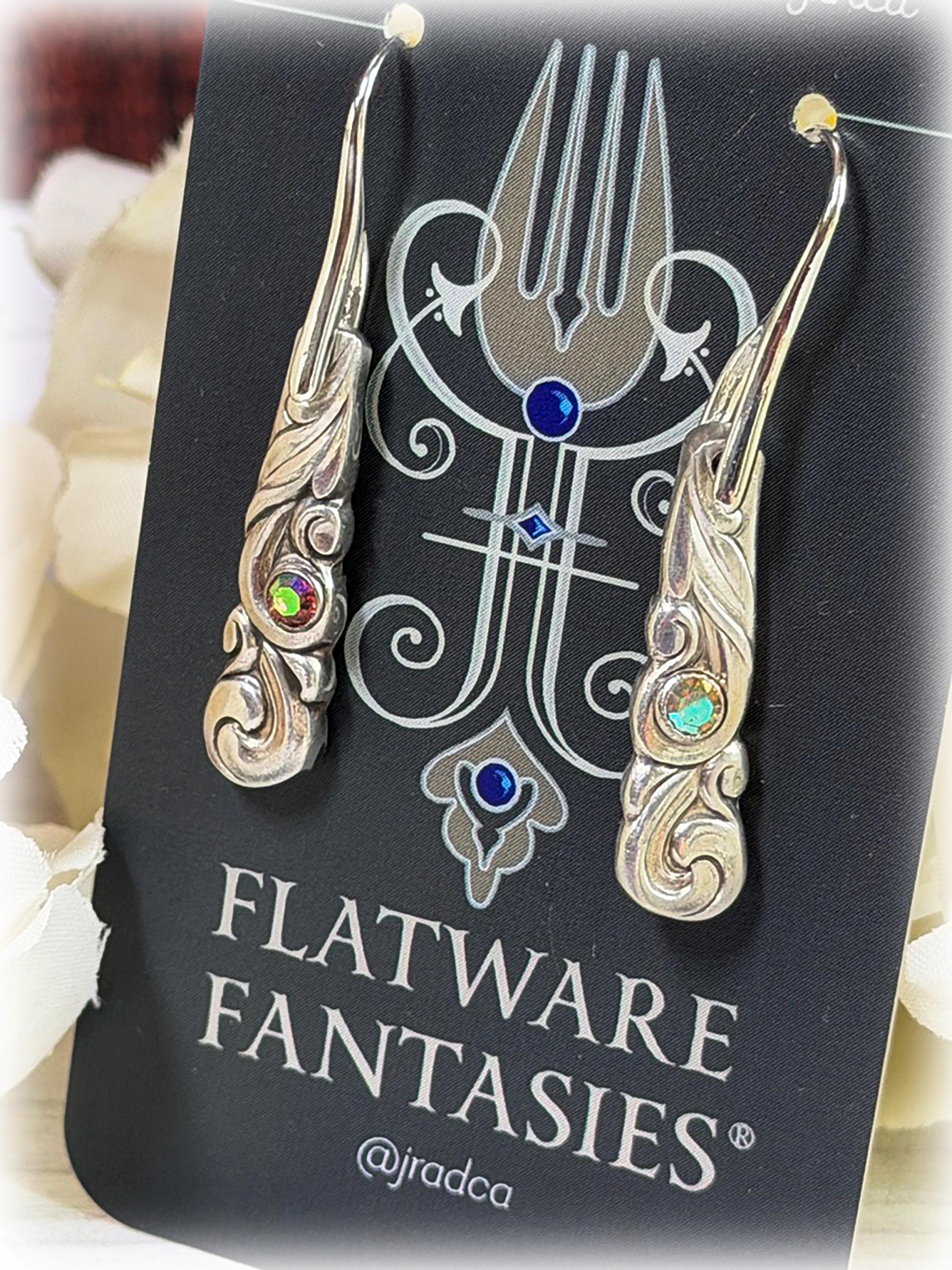 Upcycled Spoon Earrings: South Seas Silverplate Mid Century Iridescent Crystals