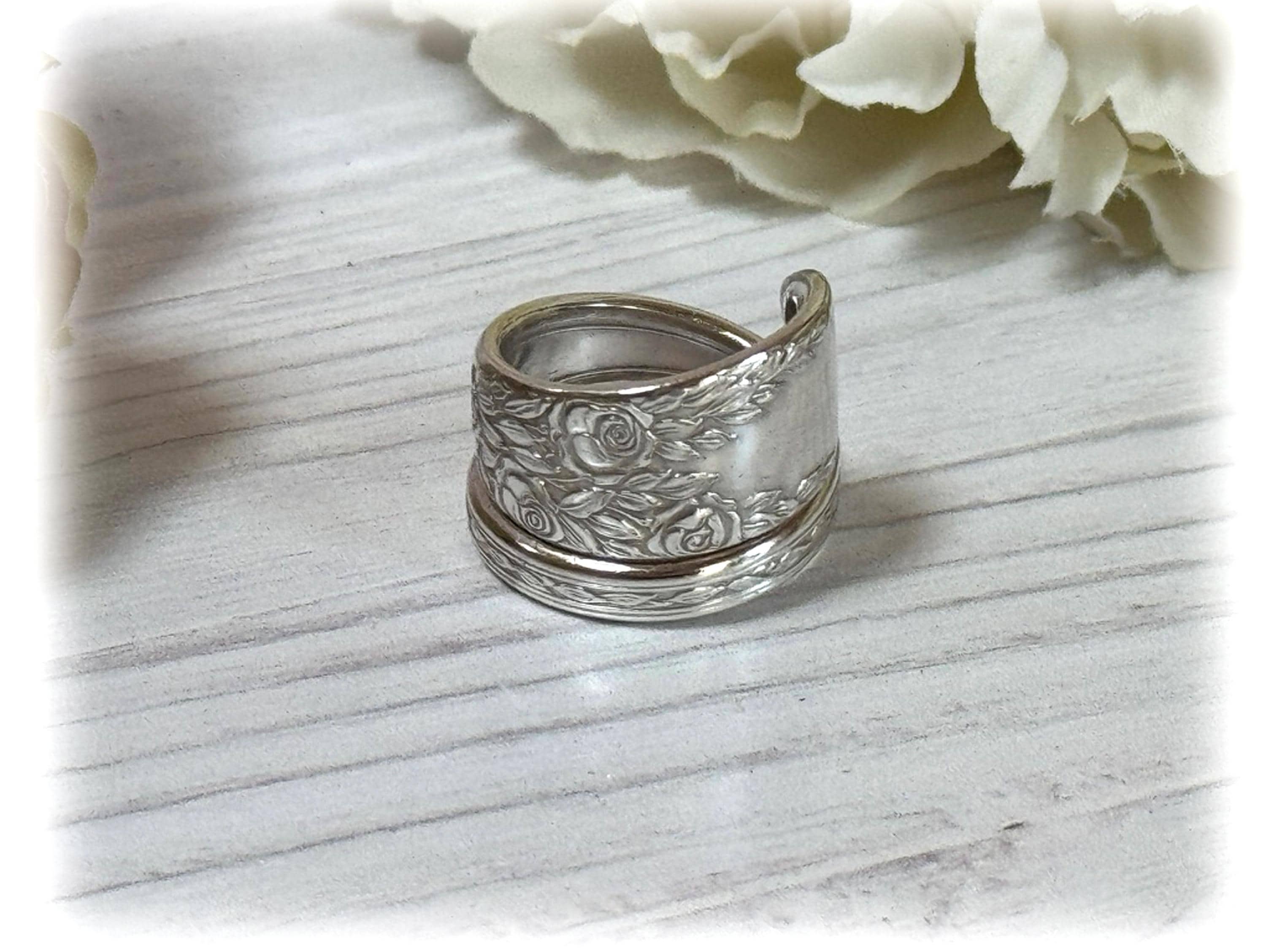 Vintage Rose Spoon Ring: 1937 Silverplate Floral Scroll