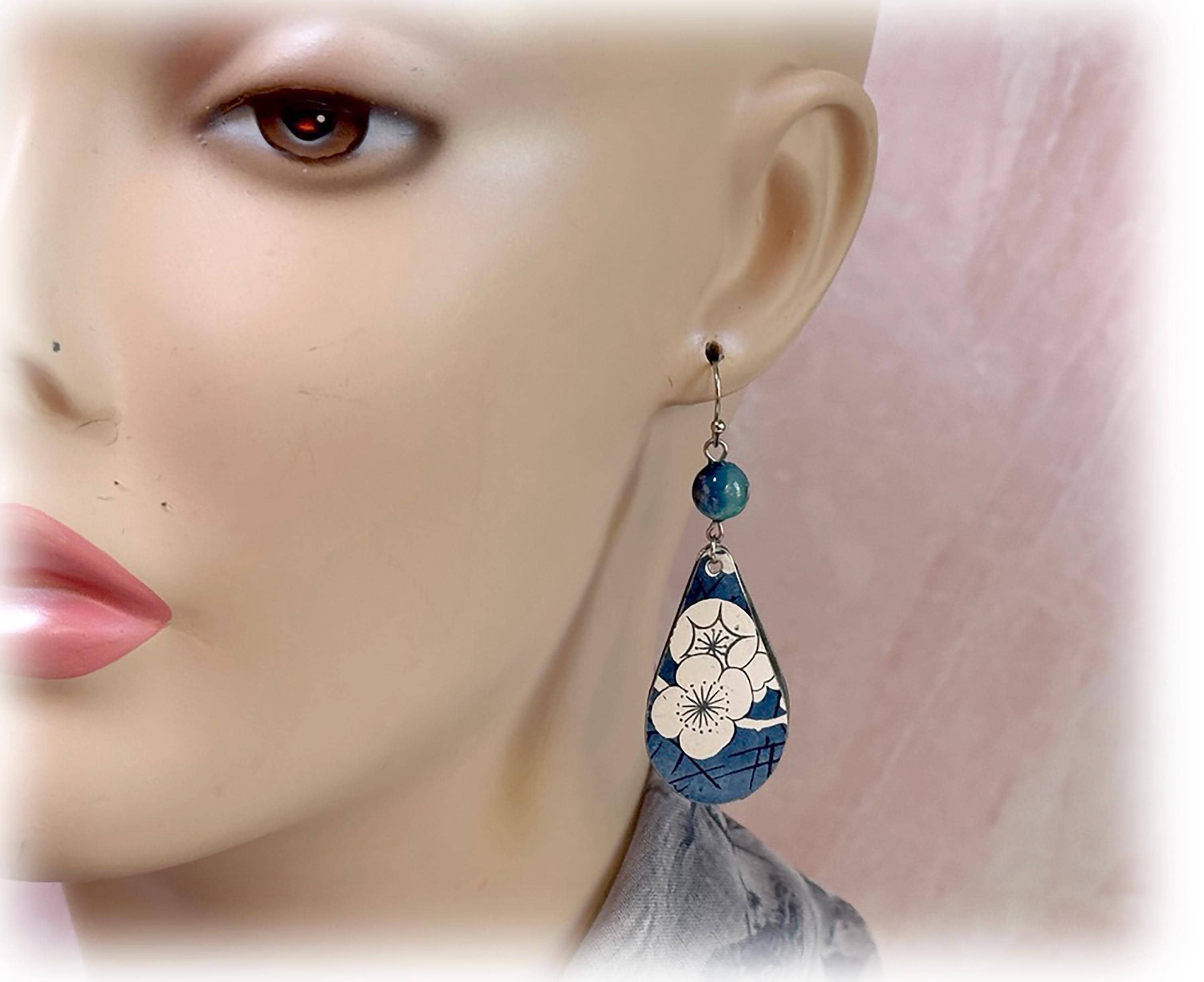 Upcycled Dogwood Tin Dangle Earrings: Reversible Apatite Bead Jewelry