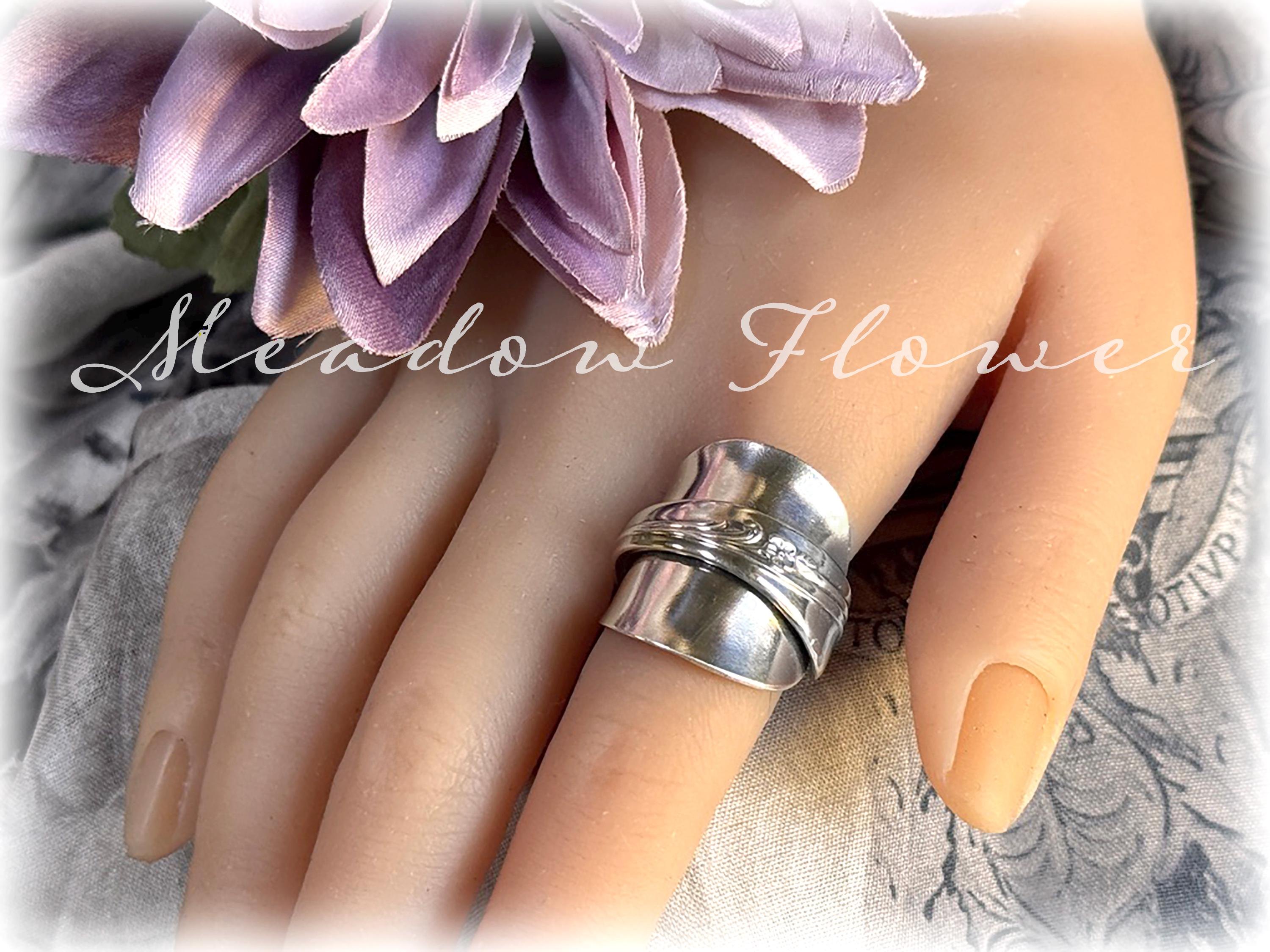 Silverplate Spoon Saddle Ring, 1940 Meadow Flower, Floral Scroll Design, Sz 9