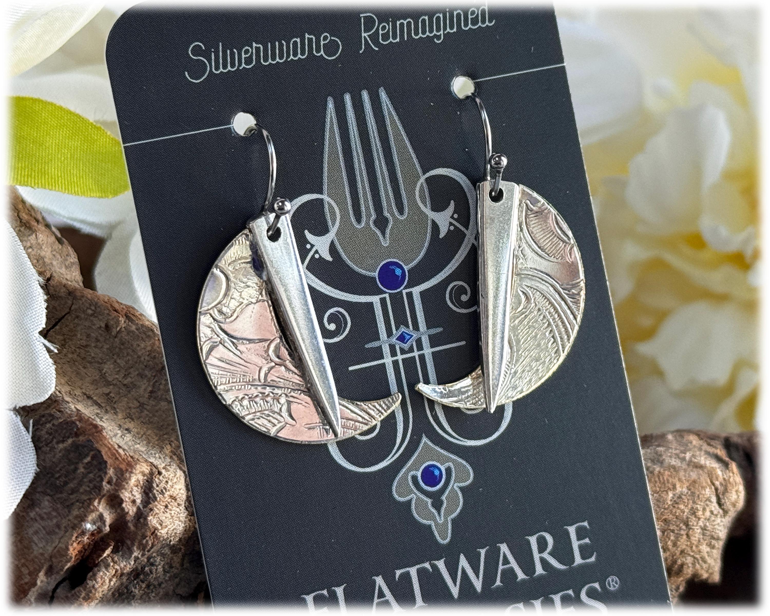 Vintage Silverplate Fork Tine and Crescent Tray Earrings: Embossed Swirling Design