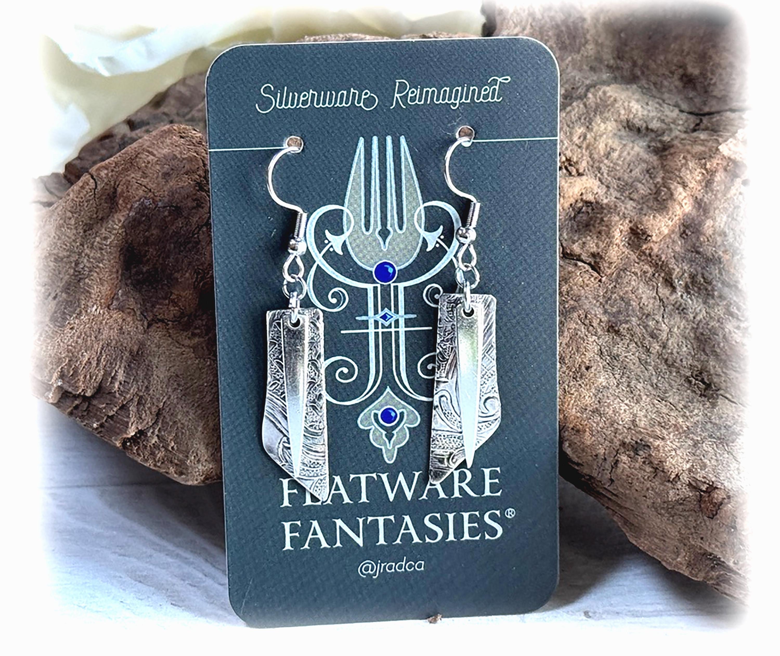 Vintage Silverplate Tray and Fork Tine Dangle Earrings: Embossed Baroque Design