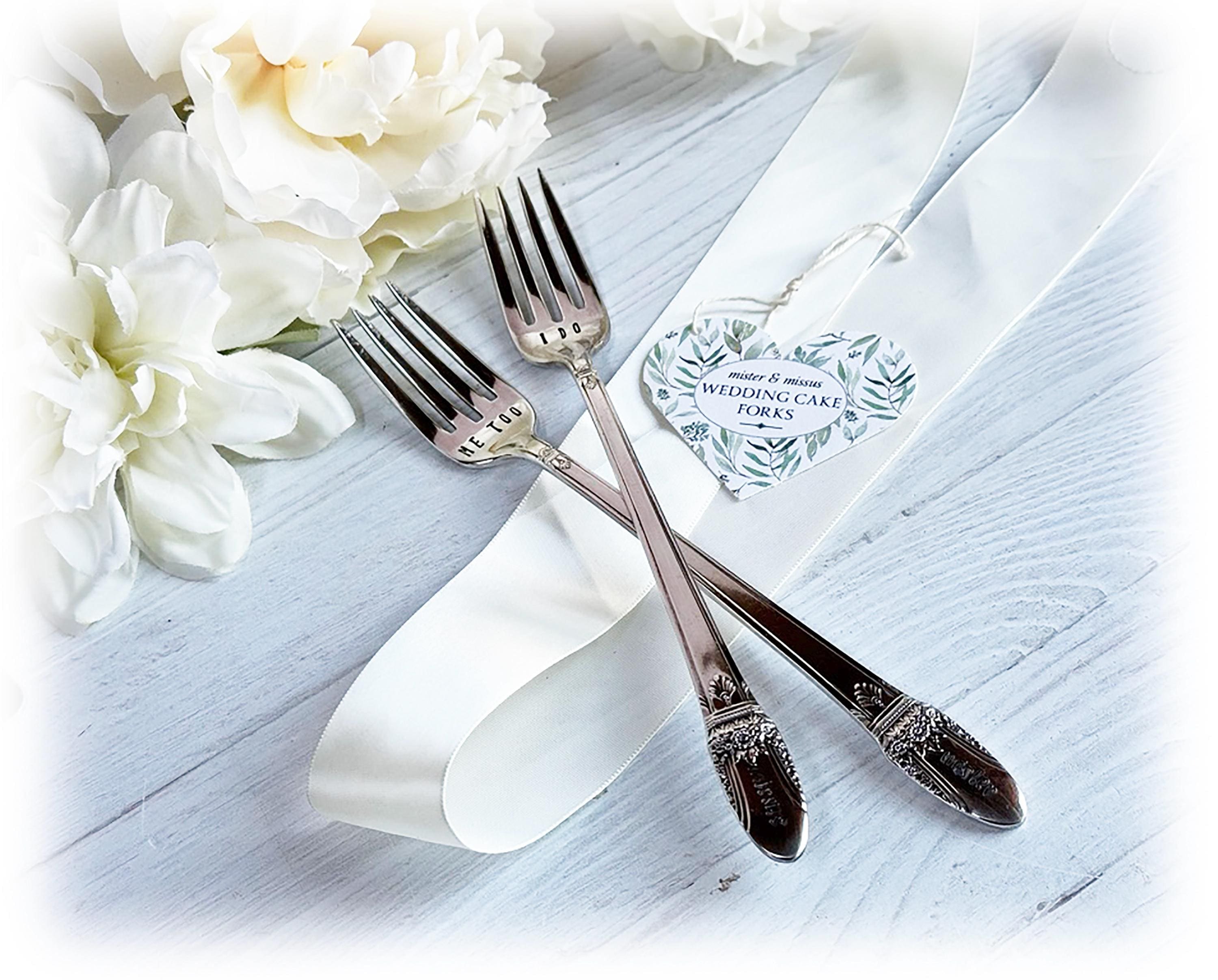 Hand Stamped Silverplate Mister Missus Wedding Forks: I Do, Me Too - First Love 1938