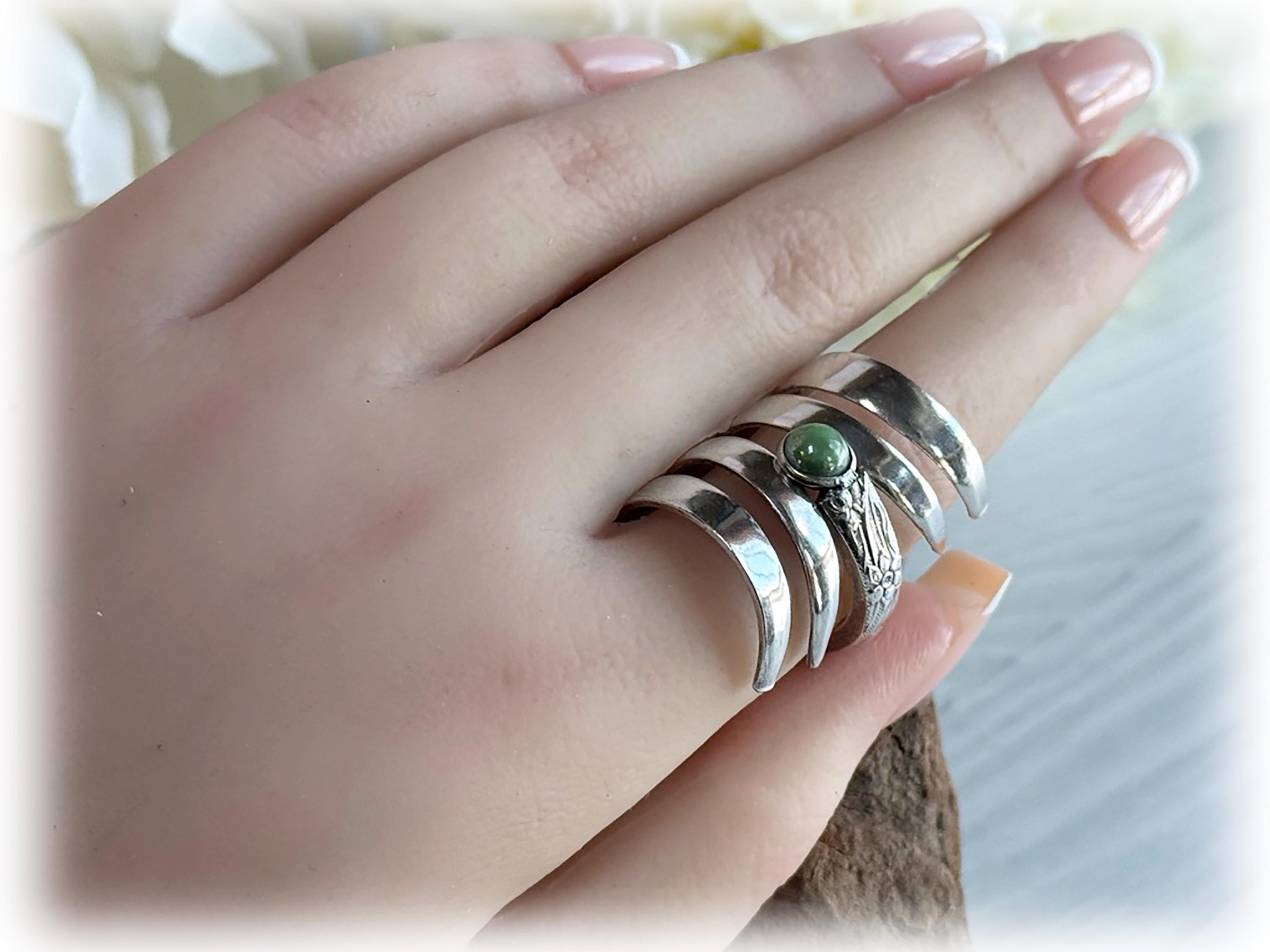 Quad Tine Fork Ring, Green Pearly Stone, 1935 Silverplate Narcissus Pattern