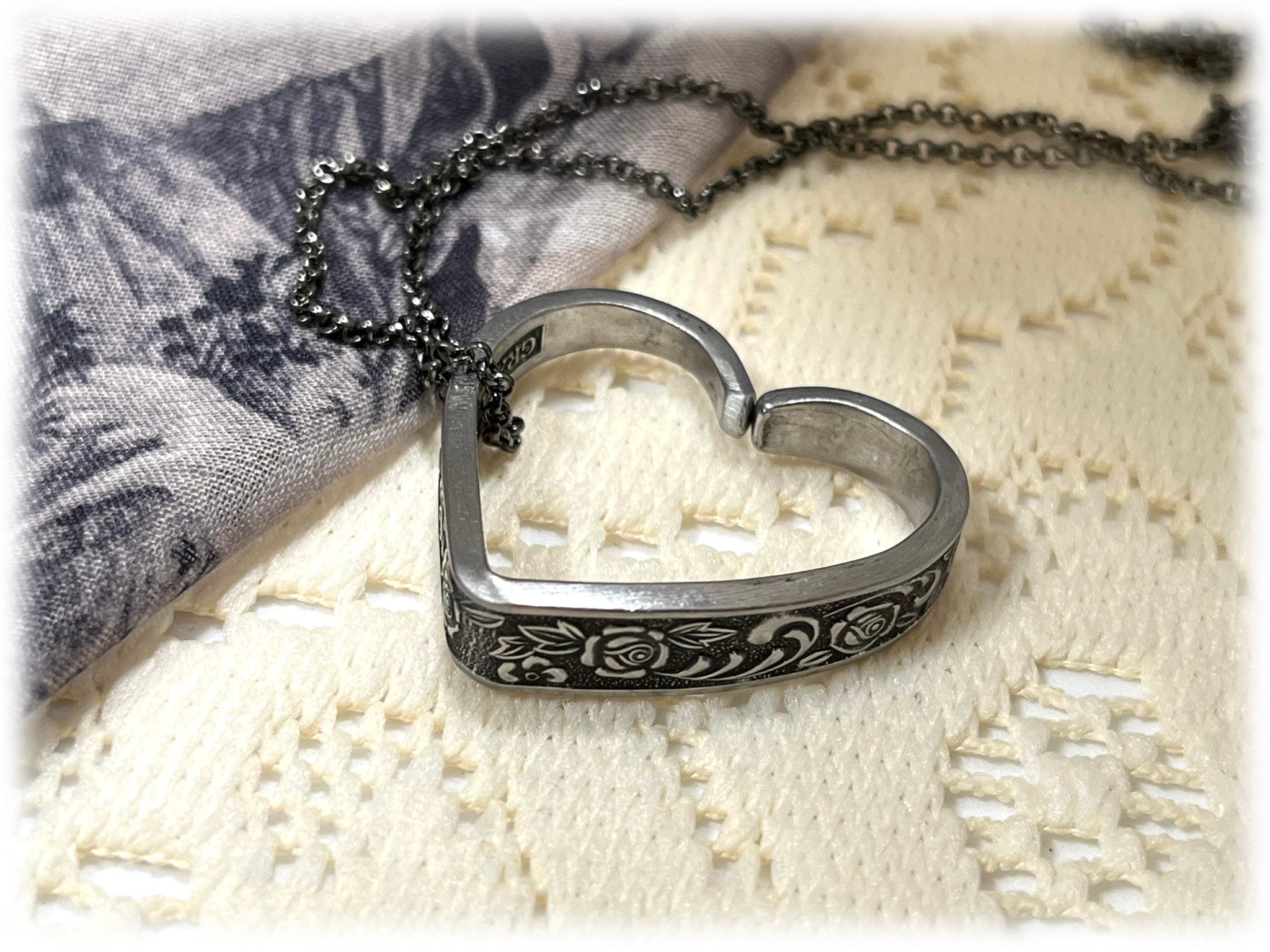 Granada Rose Spoon Heart Pendant Necklace, 1960s MCM Stainless Steel