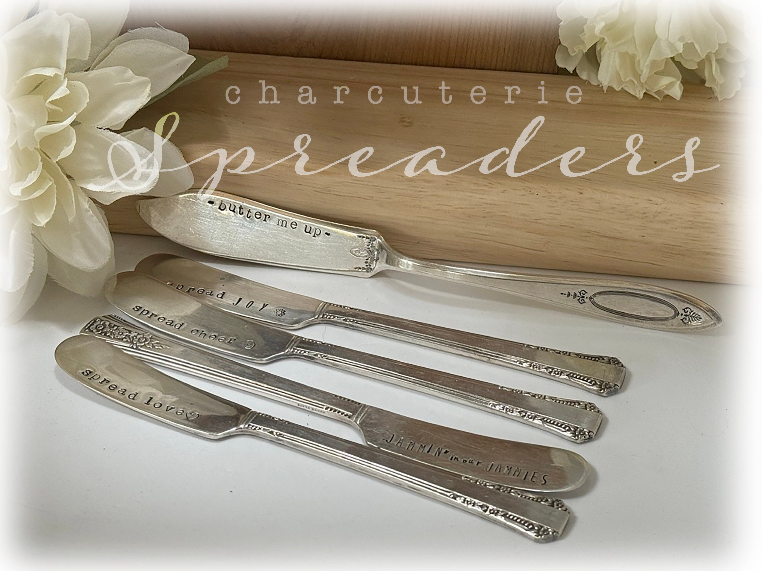 Selection of Charcuterie Spreaders, Spread Cheer, Joy, Love, Butter Me Up, Jammin" Hand Stamped Spreaders, Cheese Butter Board