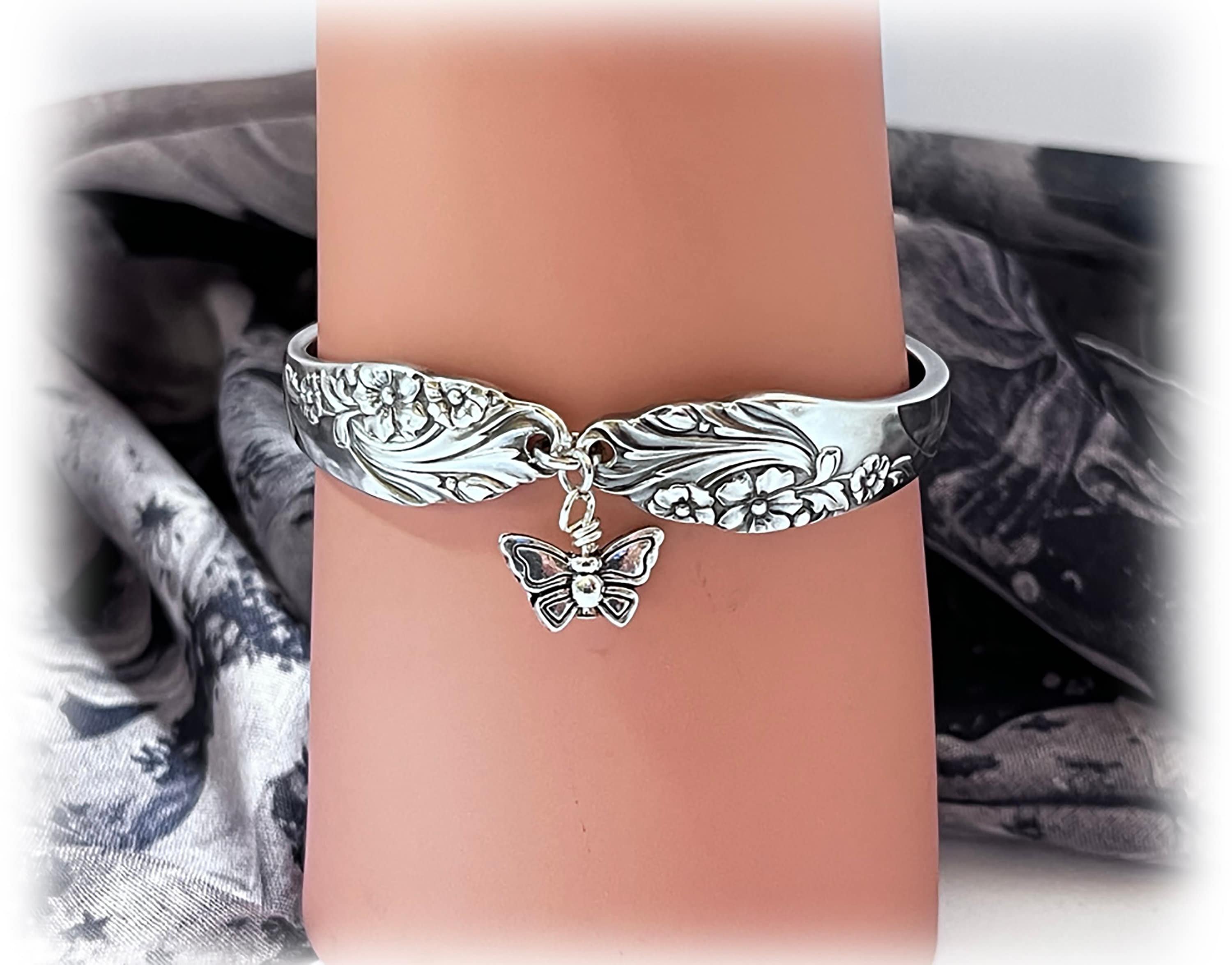 Upcycled Silverplate Spoon Bracelet, Oneida Evening Star, circa 1950, Floral, Butterfly Charm