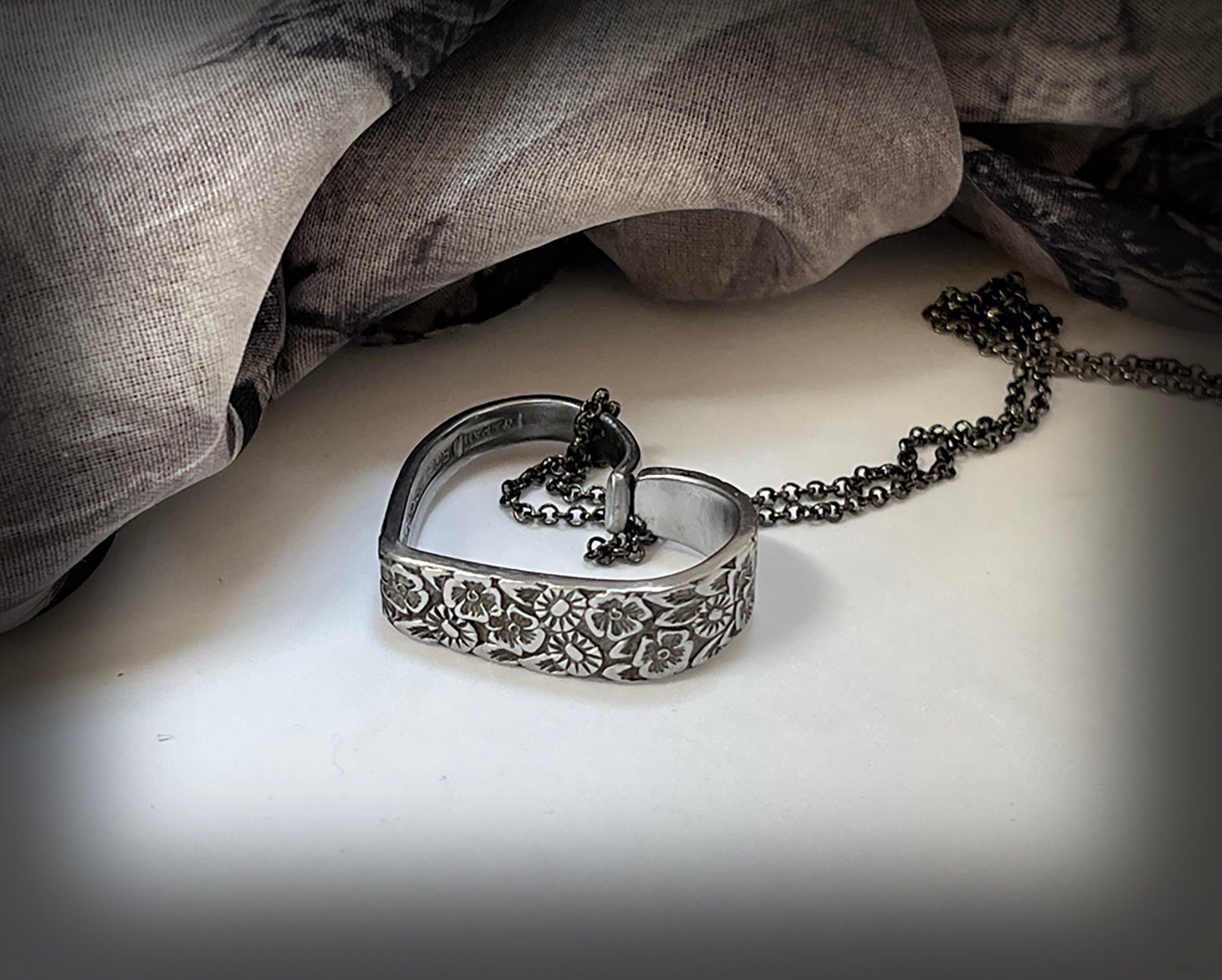 Vintage Fragrant Rose Spoon Heart Pendant Necklace, Floral Stainless Steel