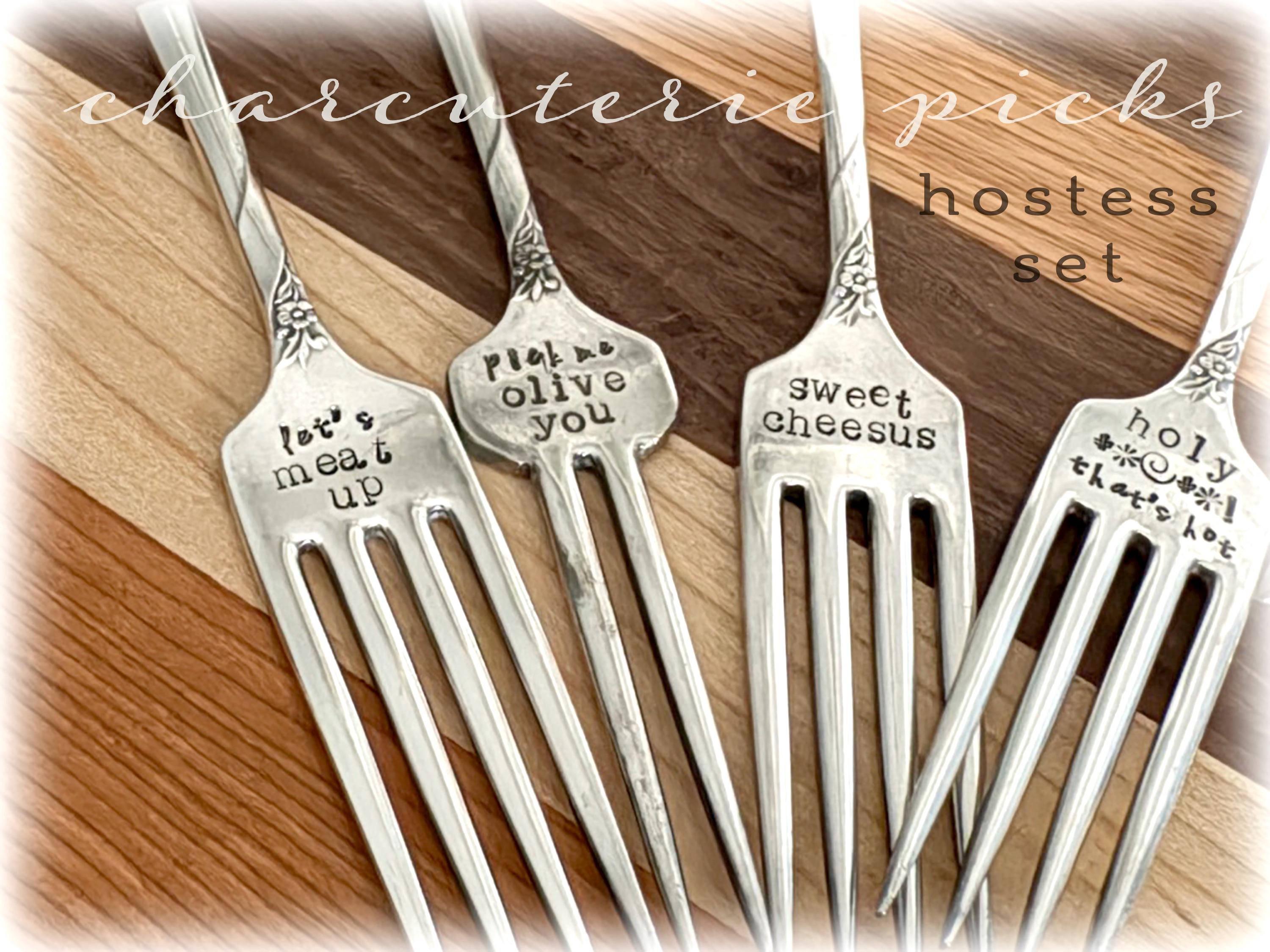 Hand Stamped Fork Charcuterie Picks, Hostess Gift Set