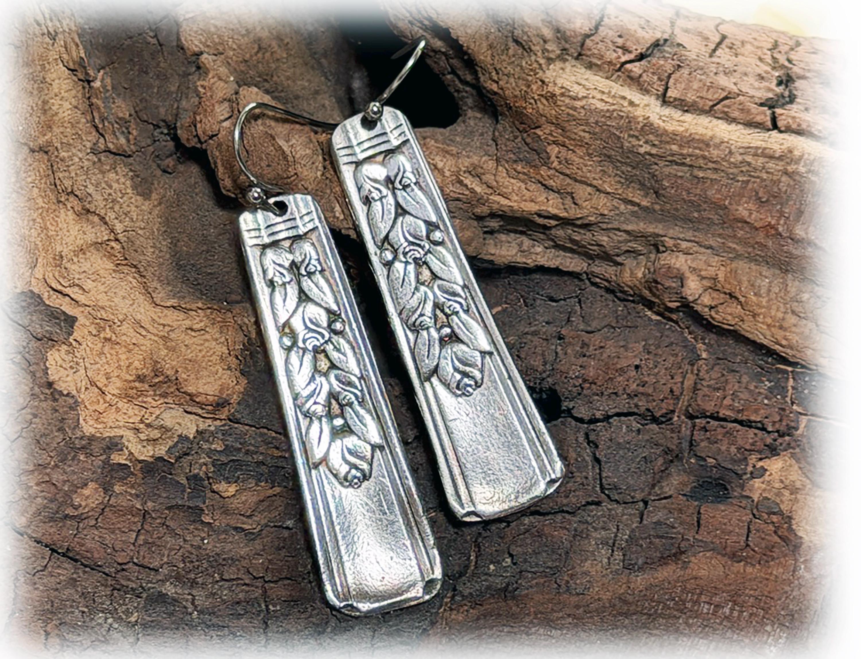 Silver Knife Earrings, ROSALIE Pattern, 1938, Upcycled Silverplate Flatware Jewelry, Roses