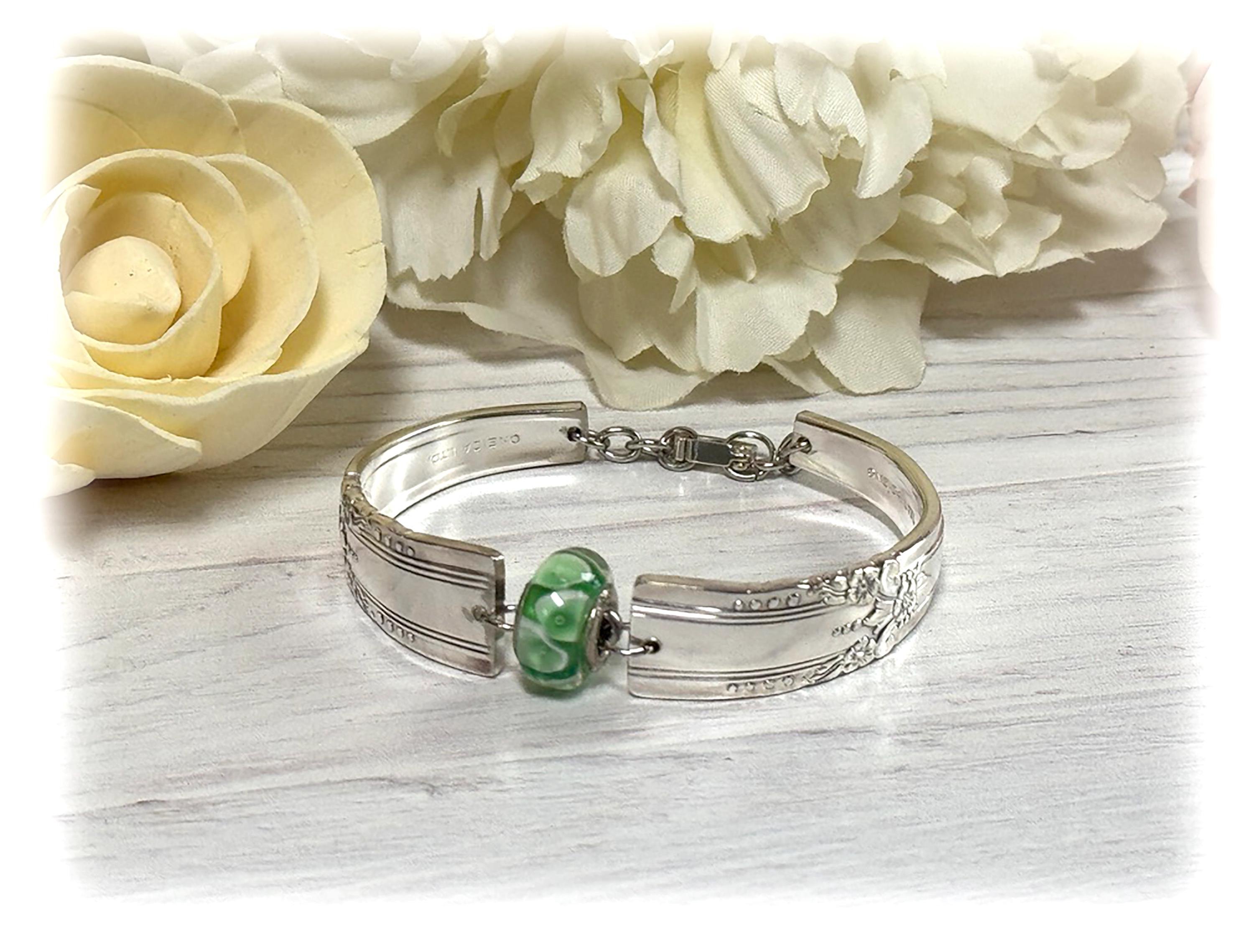 Artistic Silverplate Spoon Bracelet: Green Marbled Bead, Fold-over Clasp