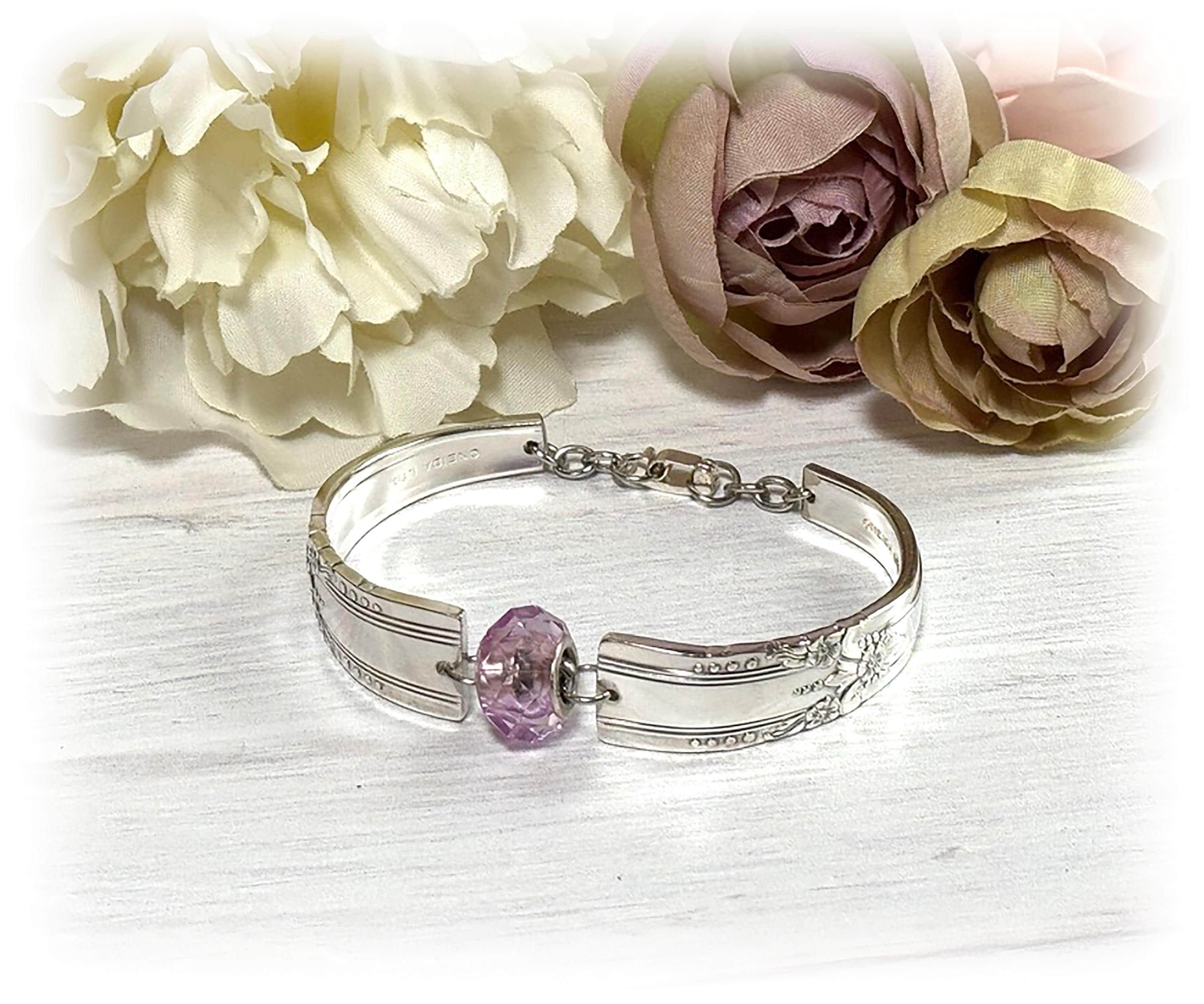 Artistic Silverplate Bracelet: Pink Crystal, Upcycled Spoon Jewelry