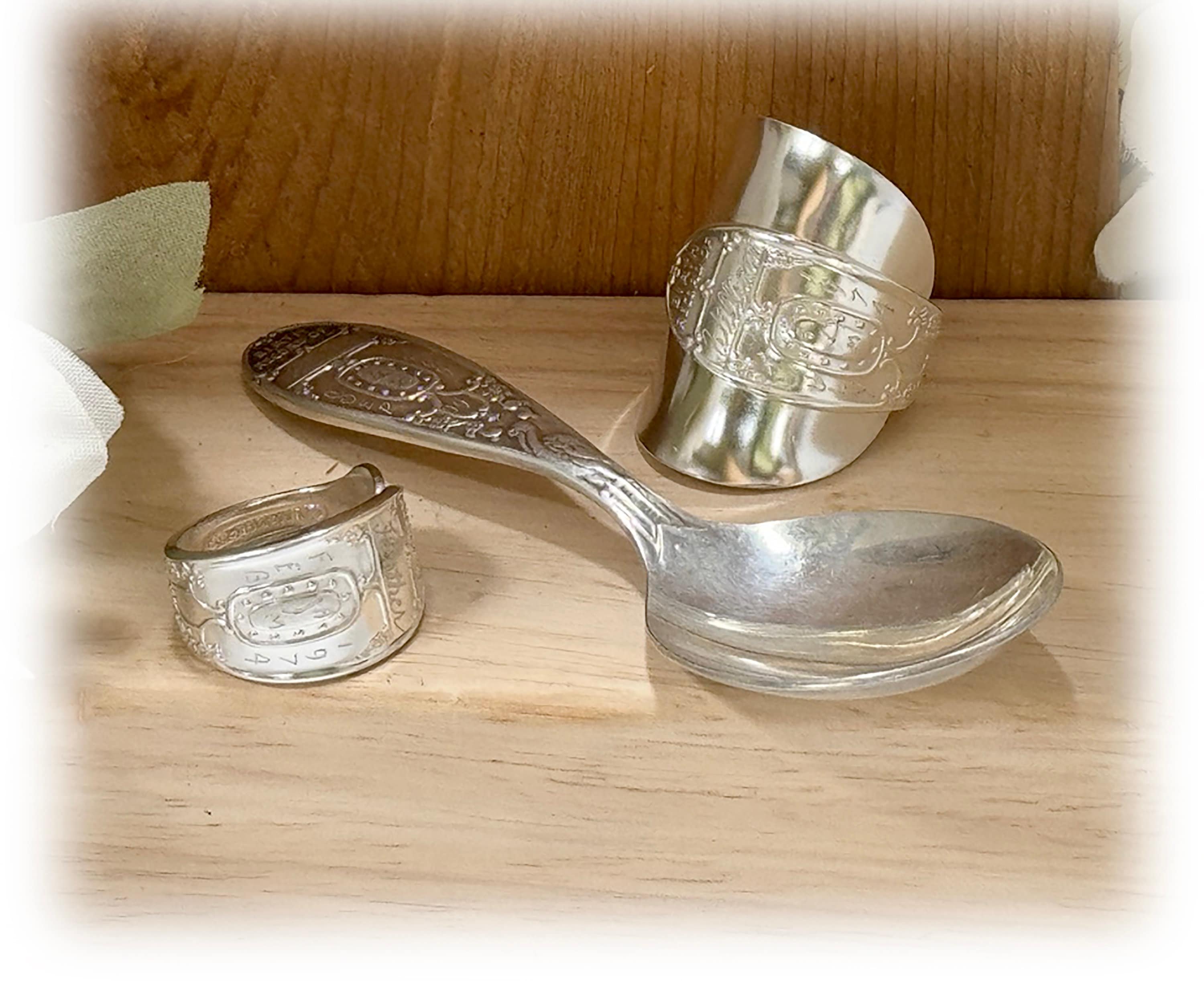 Vintage Silverplate Birth Record Spoon Ring: Stork Saddle or Wrap Ring