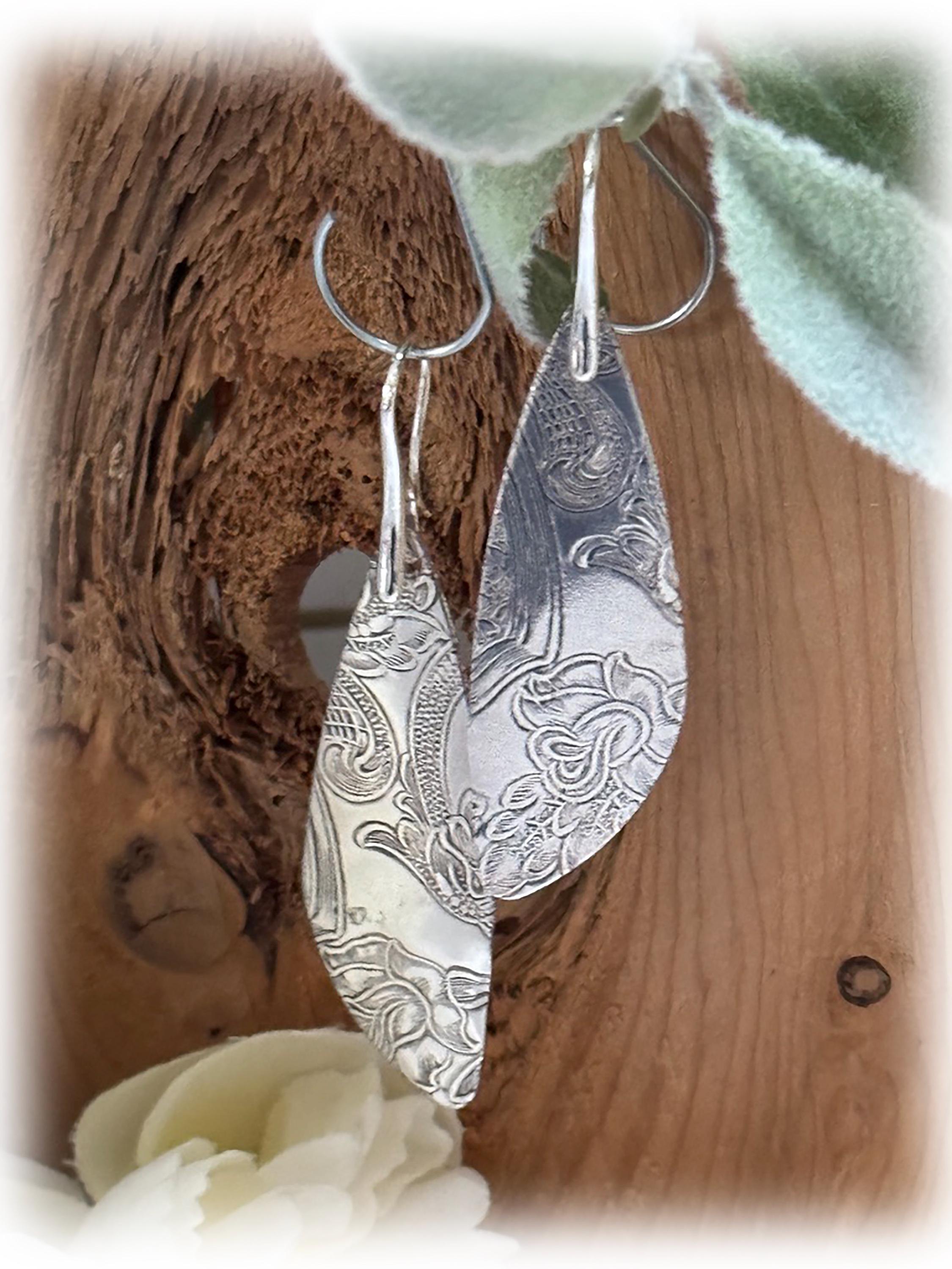 Vintage Silverplate Tray Elongated Abstract Earrings, Embossed Scrolling Baroque Design, Unique Jewelry, Dangle Earrings