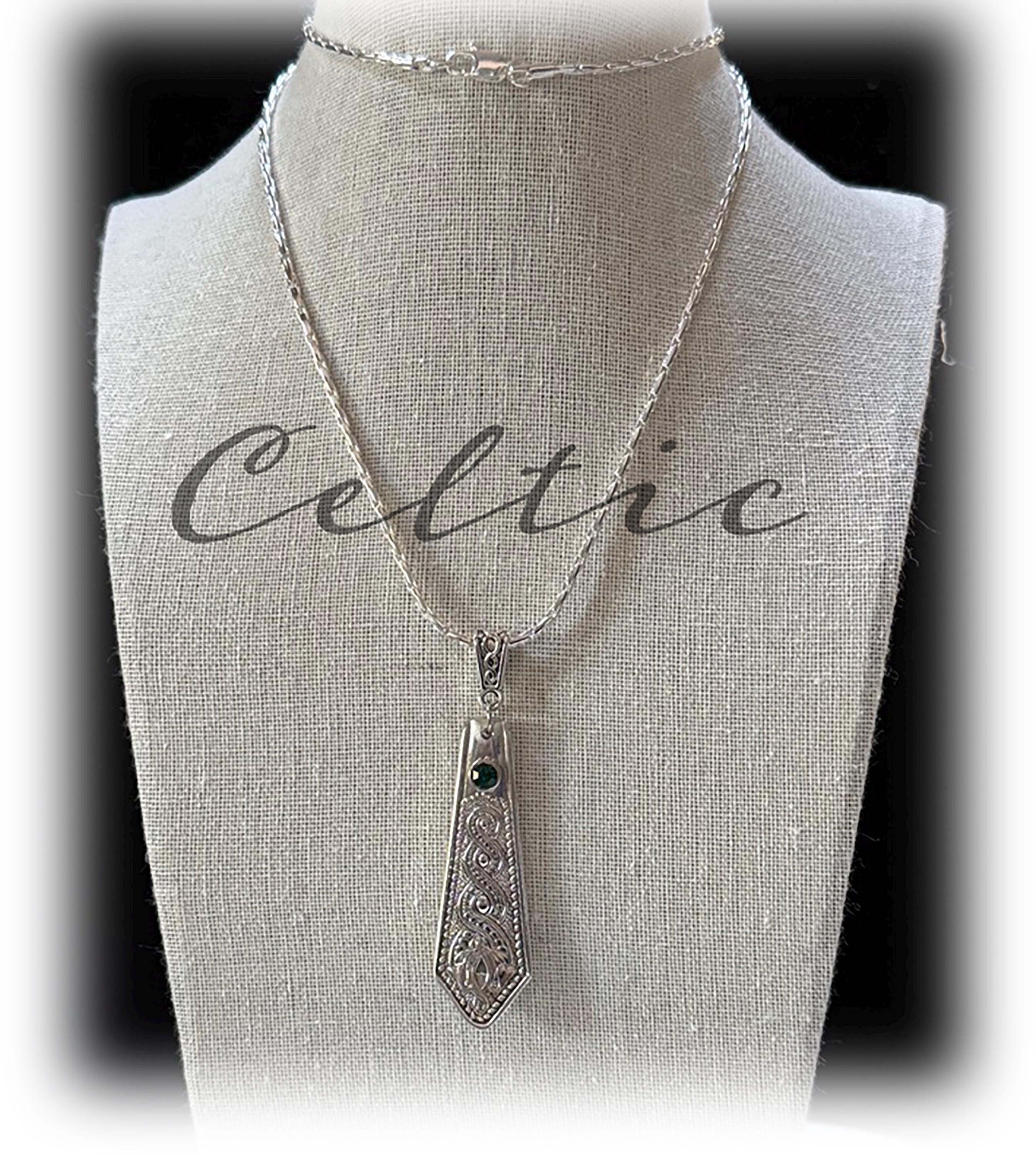 Celtic Fork Pendant with Green Crystal, Lochness Monster, Sea Creature, Irish Silverplate