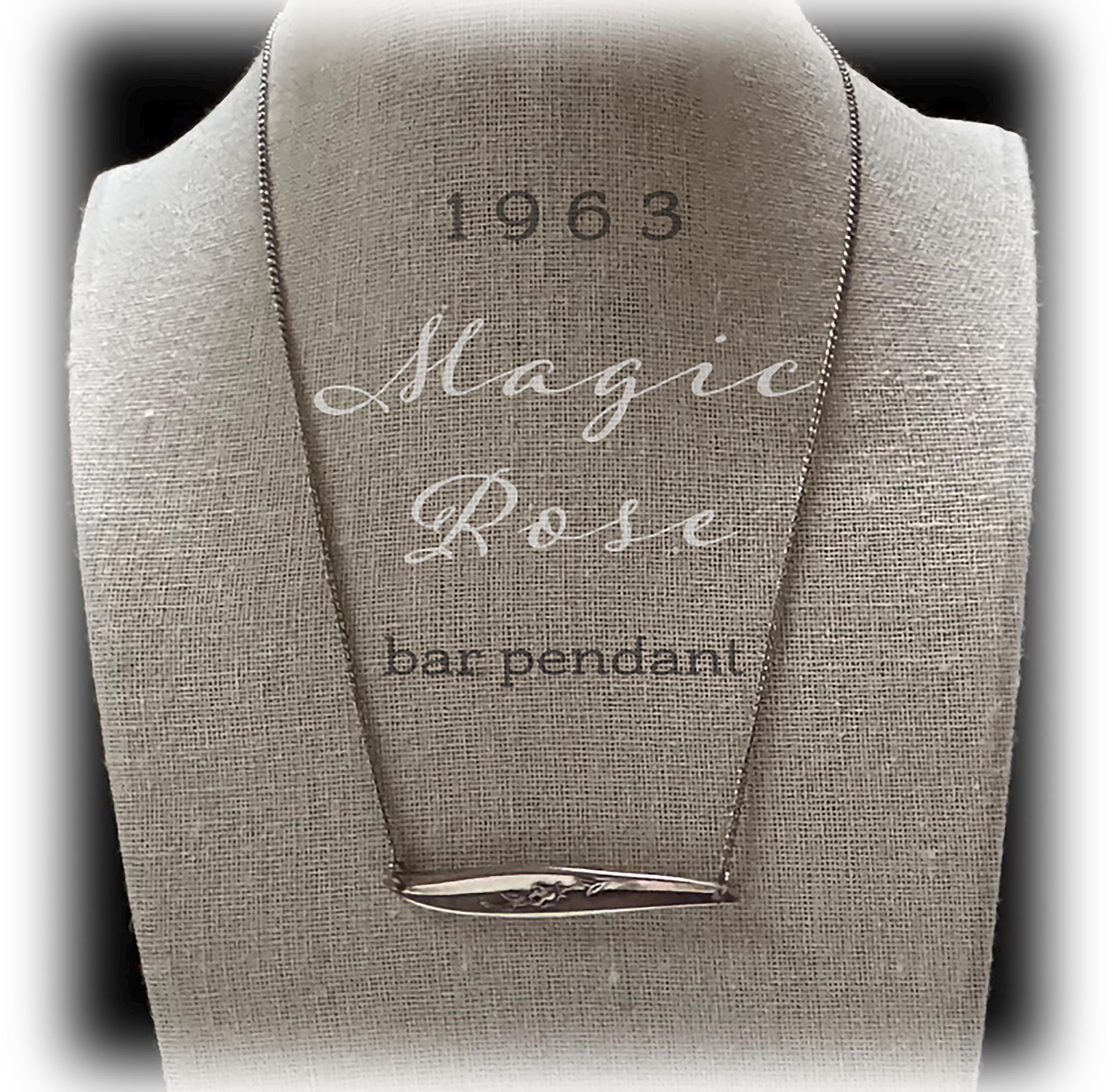 Magic Rose Bar Necklace, Mid Century 1963, Stylized Rose, Swash Design, Spoon Jewelry, Silverplate