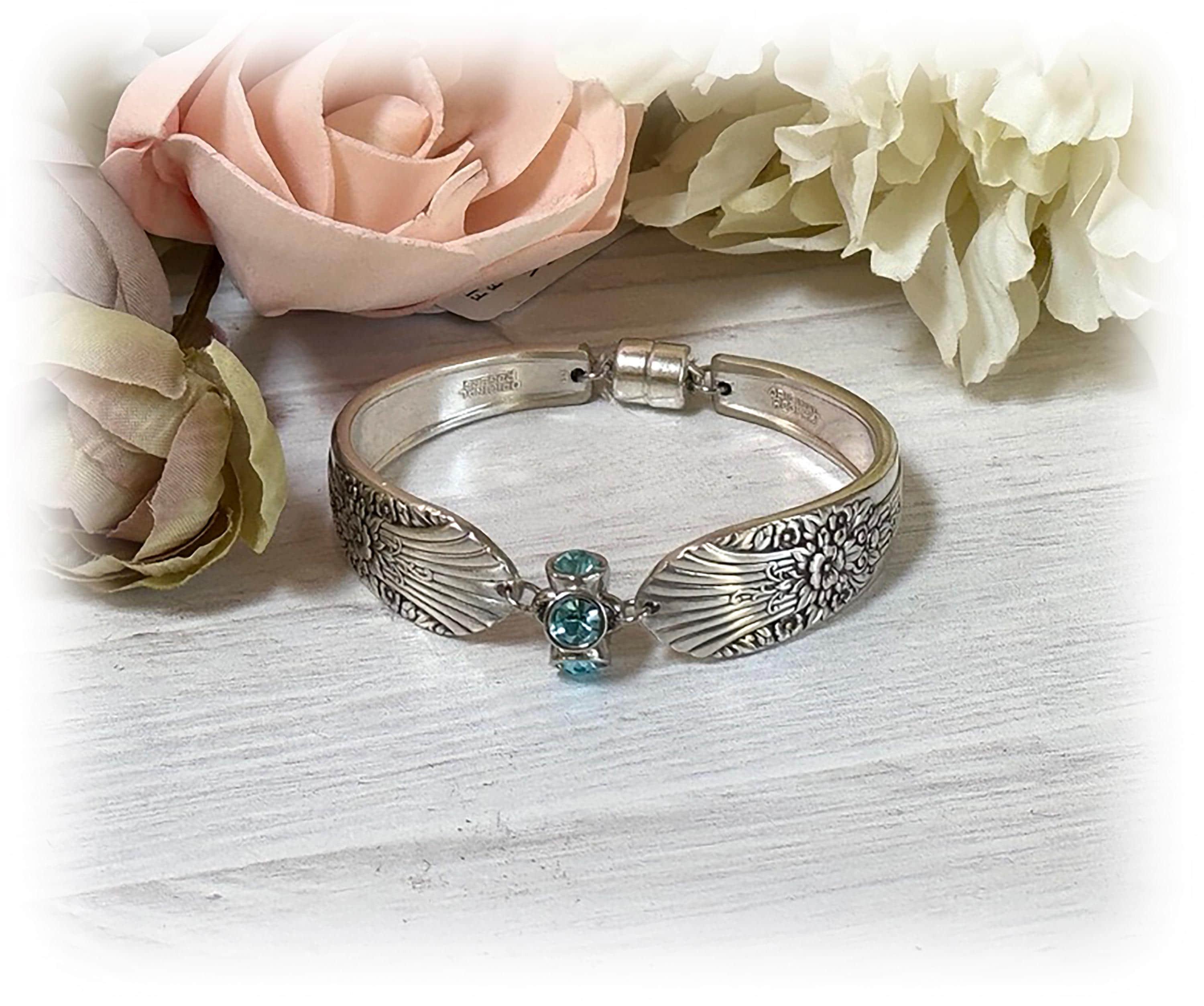 Vintage Marigold Spoon Bracelet, Aquamarine Crystal Charm, Silverplate Flatware Bracelet, Floral, 1935