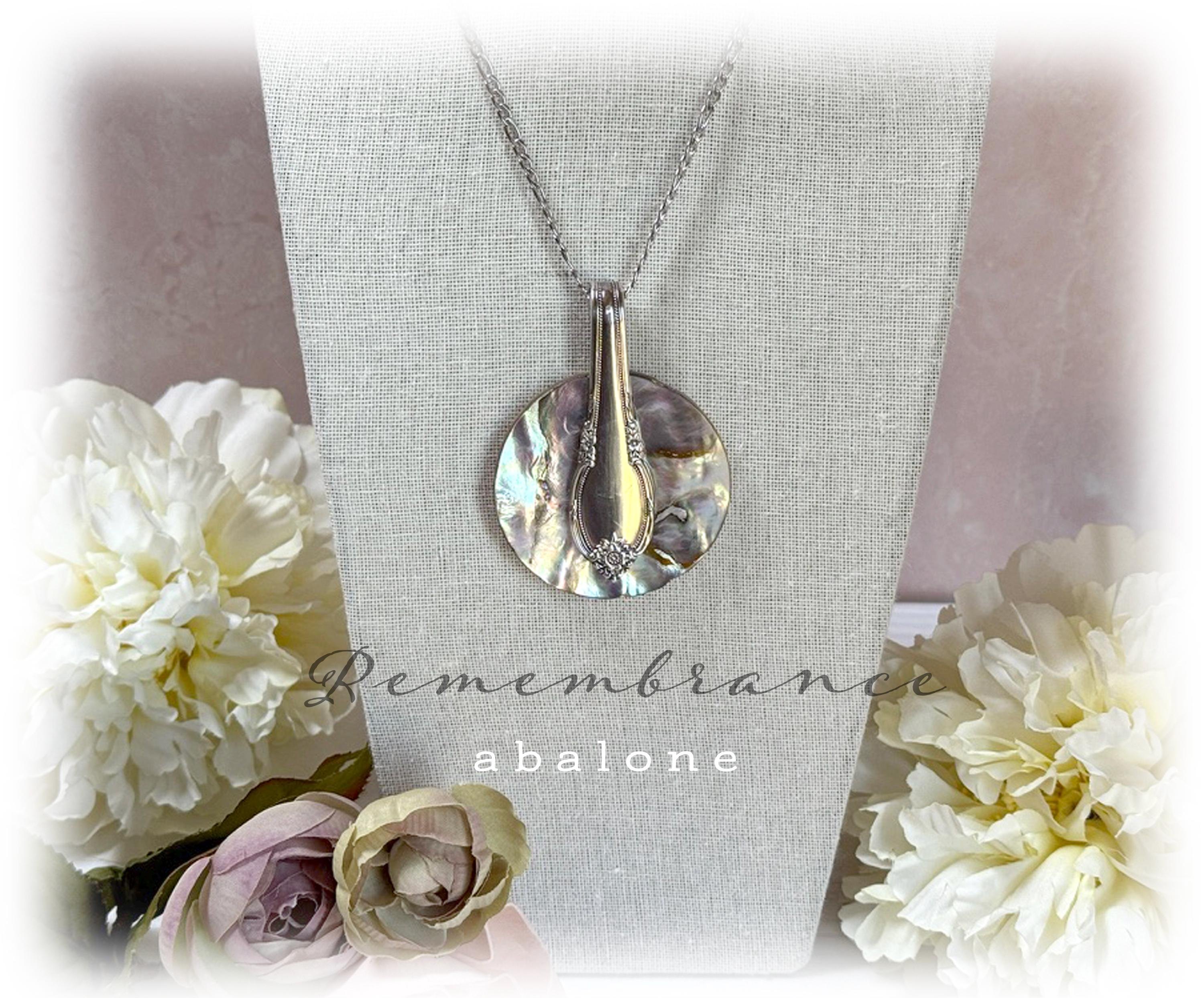 1948 Remembrance Silverplate Statement Necklace, Large Abalone Button Pendant, Colorful Shell, Unique Jewelry