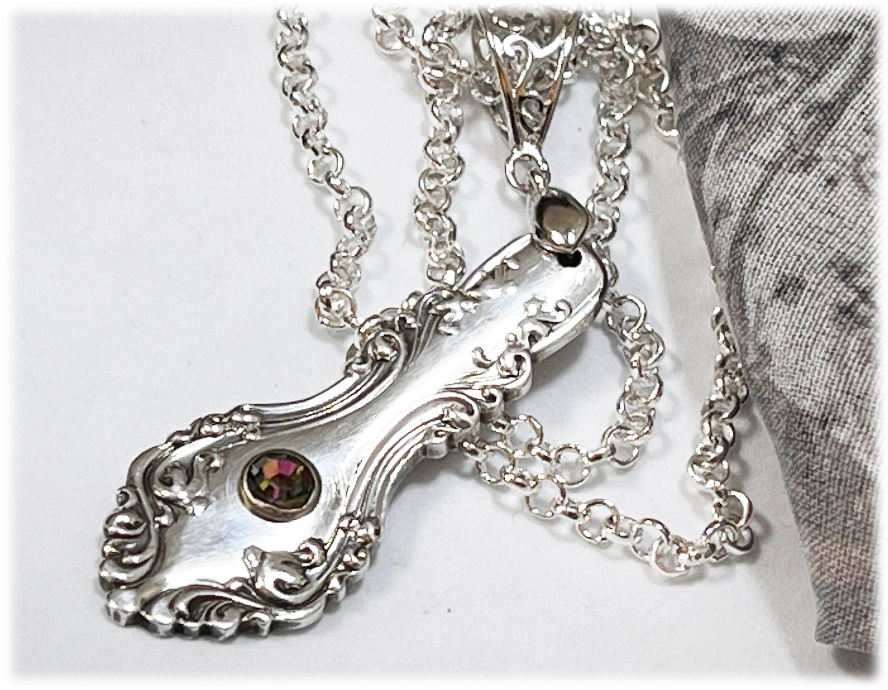 New Century Silver Spoon Pendant, Watermelon Crystal, Antique Silverplate 1896 Scrollwork, Art Nouveau