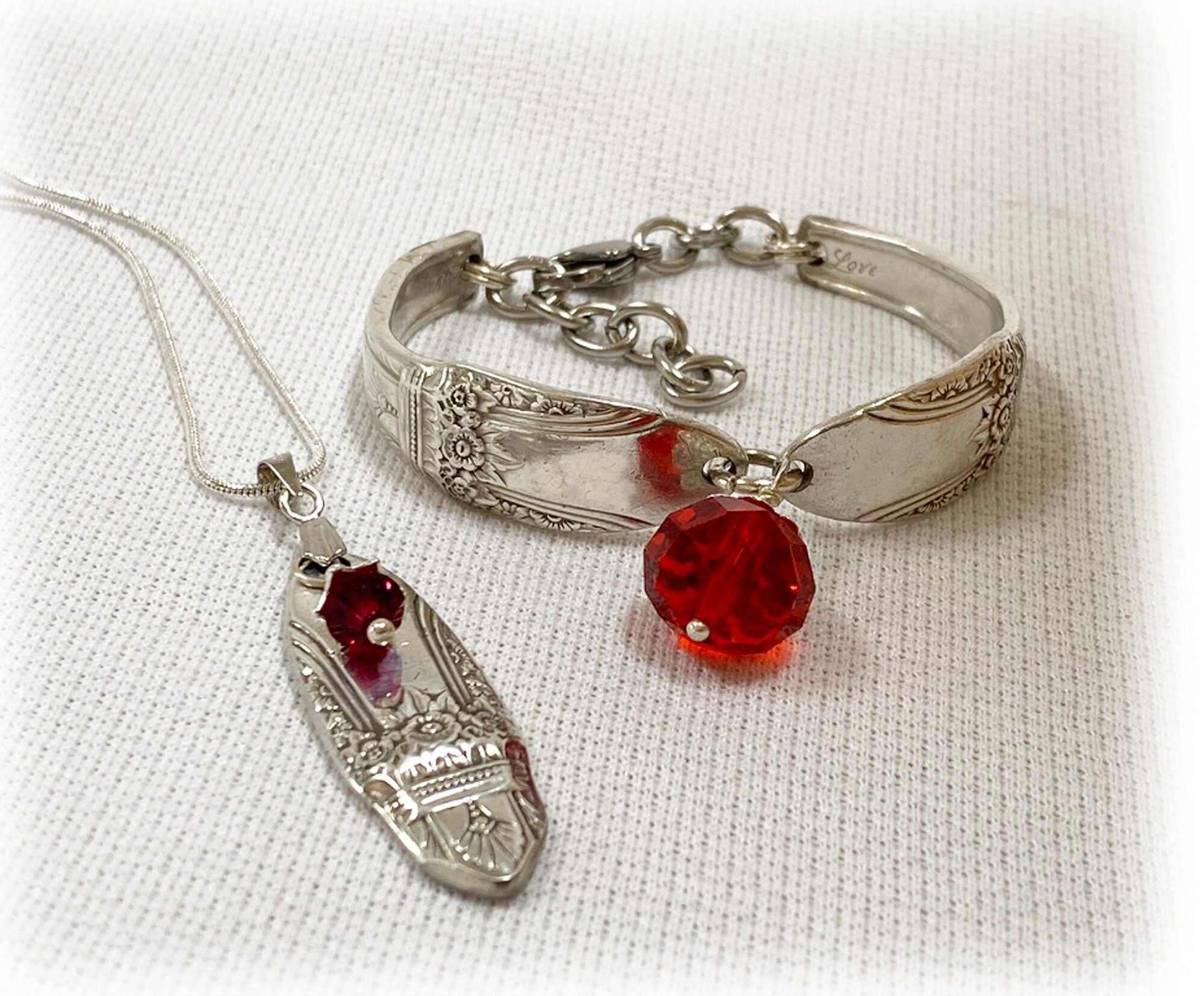 Silverplate Spoon Jewelry Set: Ruby Red Crystal, 1937 Art Deco