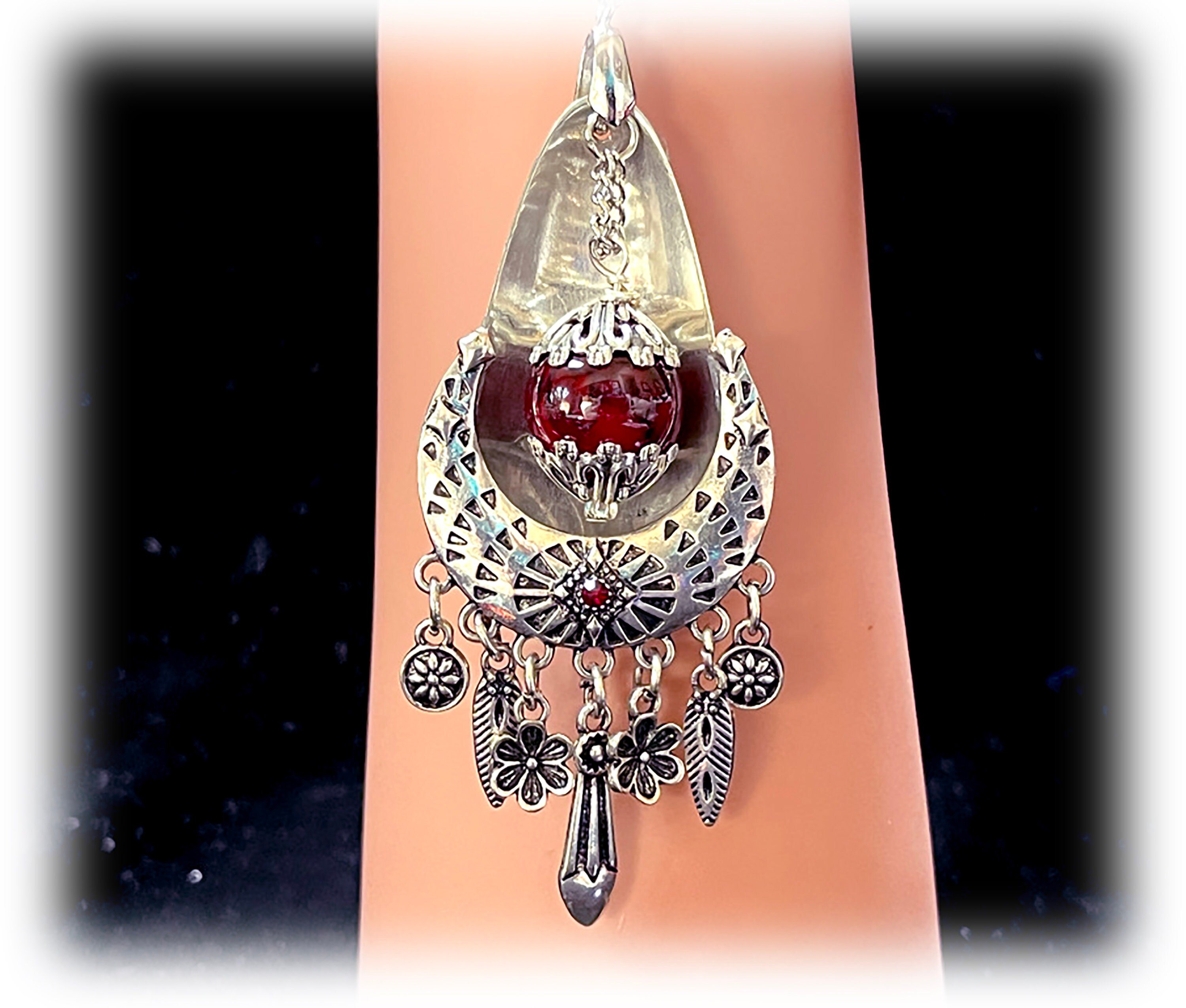 Assemblage Spoon Pendant, Silver Spoon Flatware, Orphaned Earring, Candy Apple Red, OOAK, Long Chain