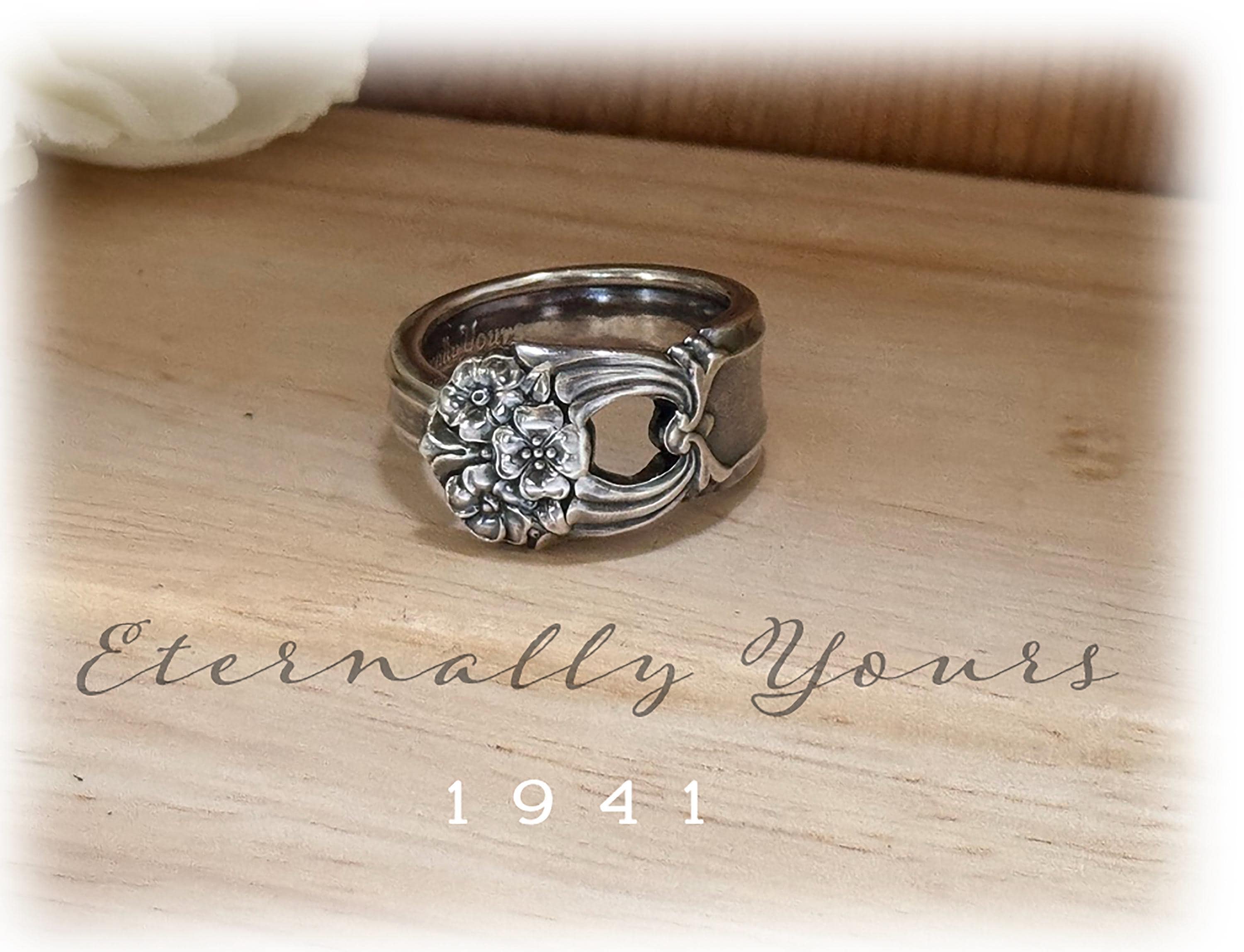 1941 Silverplate Spoon Ring: Floral Promise Ring, Size 6.5