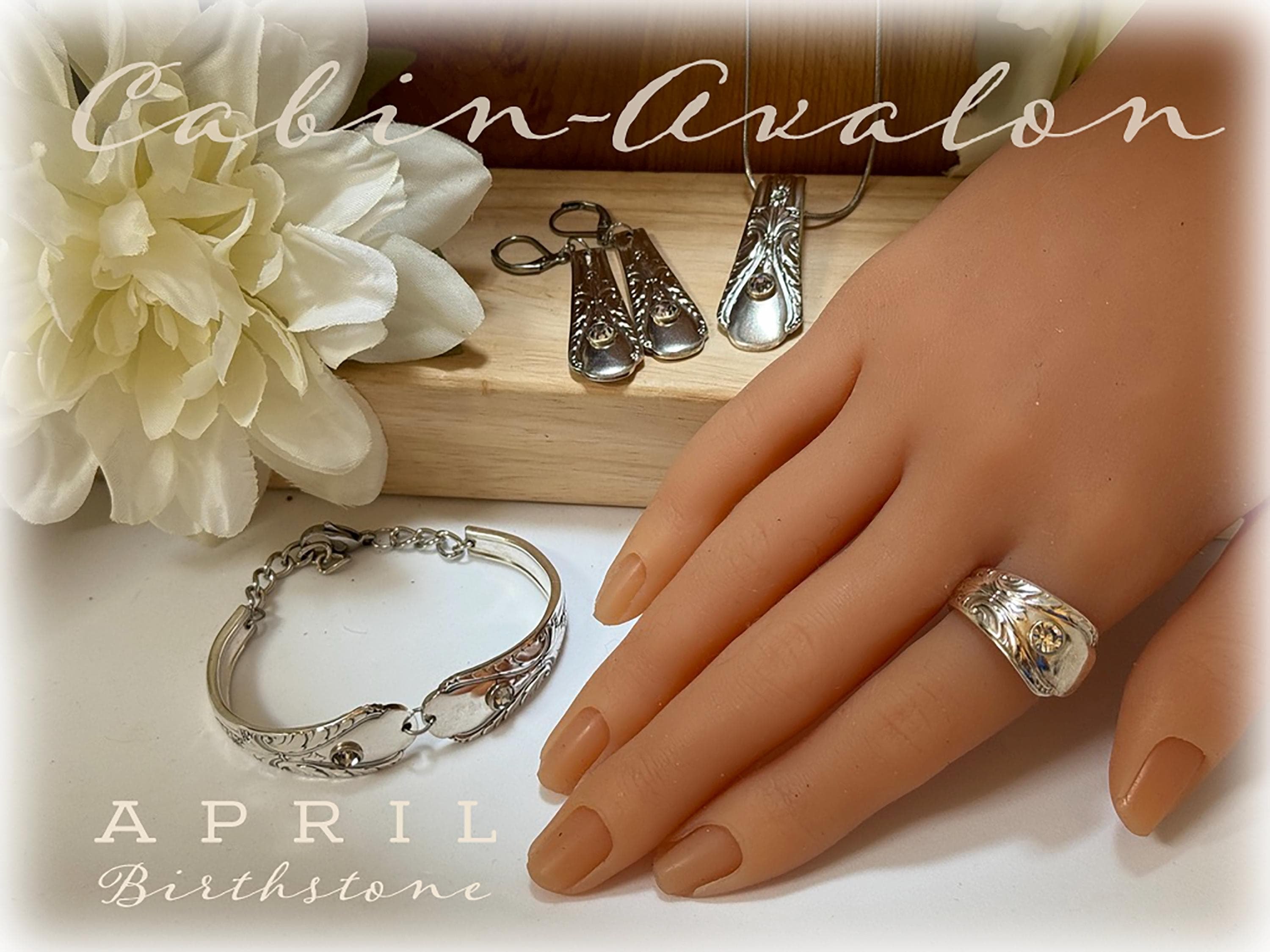 Avalon Silverplate Spoon Jewelry: April Birthstone Ring, Pendant, Earrings, Bracelet