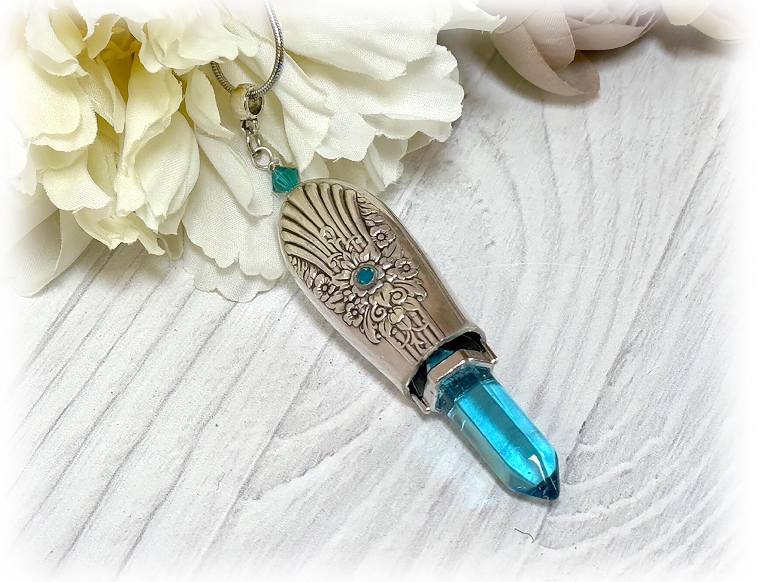 Vintage Knife Pendant, 1935 Marigold Silverplate, Floral Scroll Design, March Aquamarine Crystal