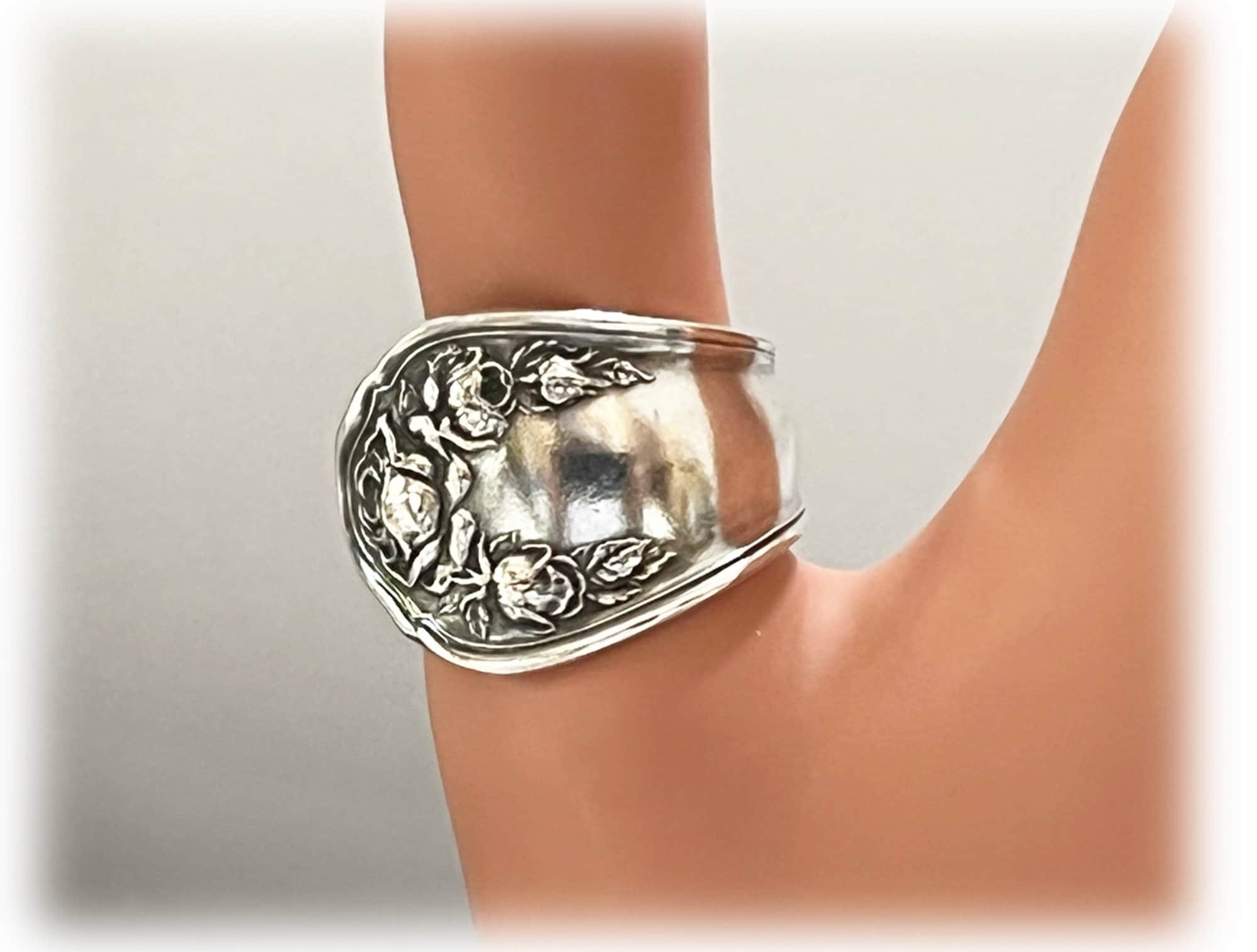 Antique Silver Plate Spoon Ring: Bridal Rose Floral Jewelry, Size 8